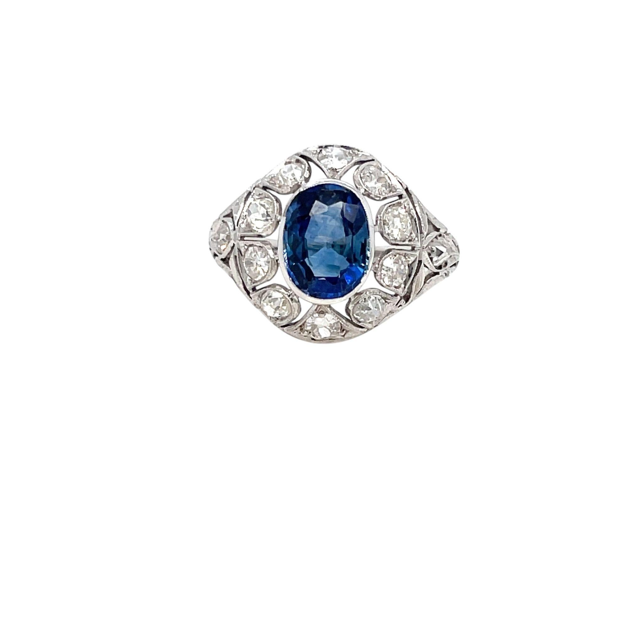 Belle Époque Certified 2.44 Carat Unheated Sapphire Diamond Gold Ring For Sale 1
