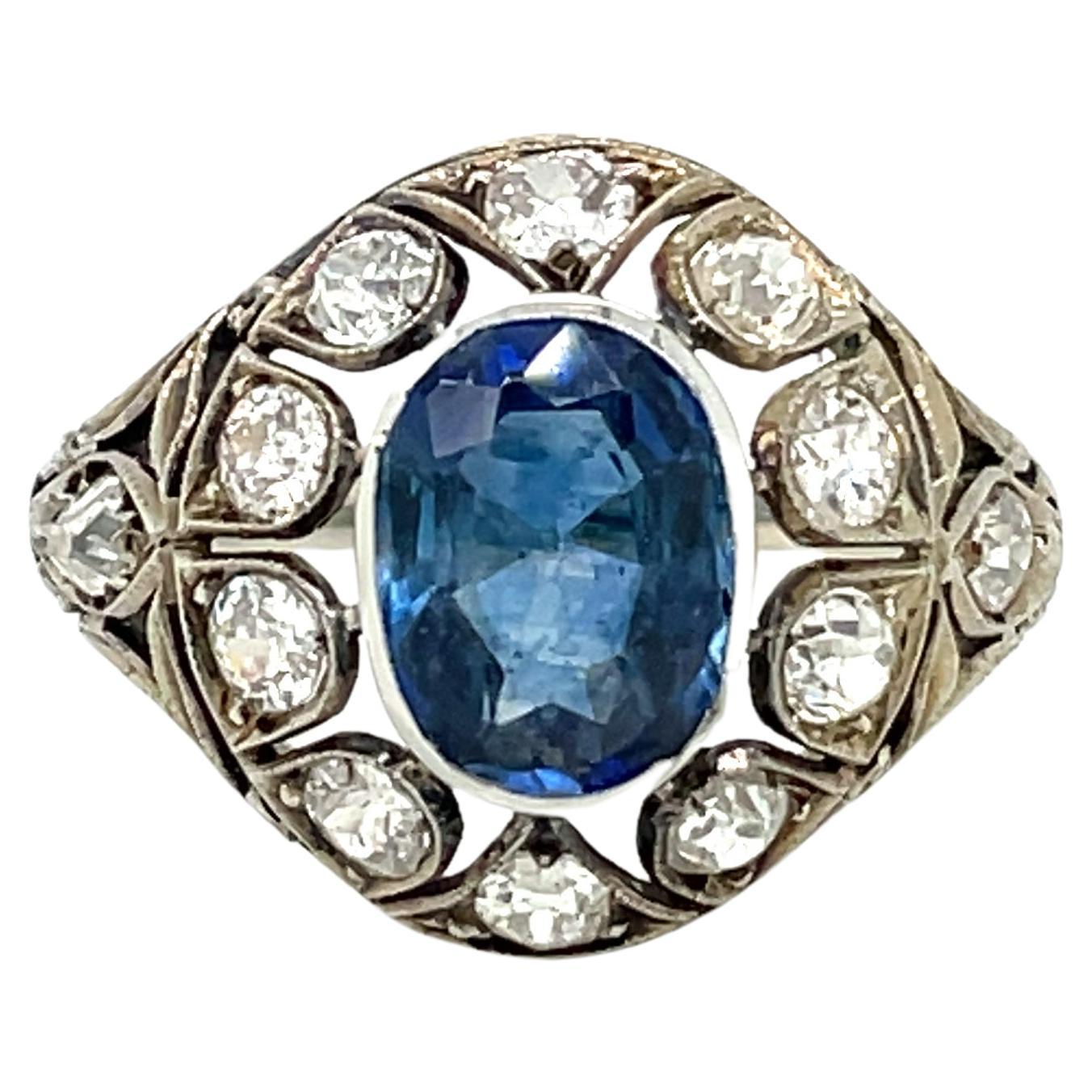 Belle Époque Certified 2.44 Carat Unheated Sapphire Diamond Gold Ring For Sale