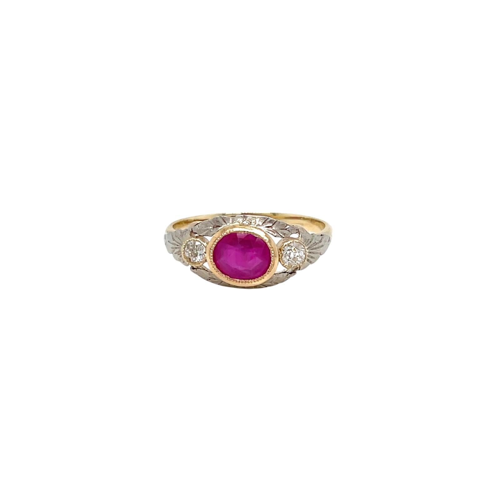 Belle Époque Belle Epoque Certified Burma Ruby No Heat Diamond Engraved Gold Ring For Sale