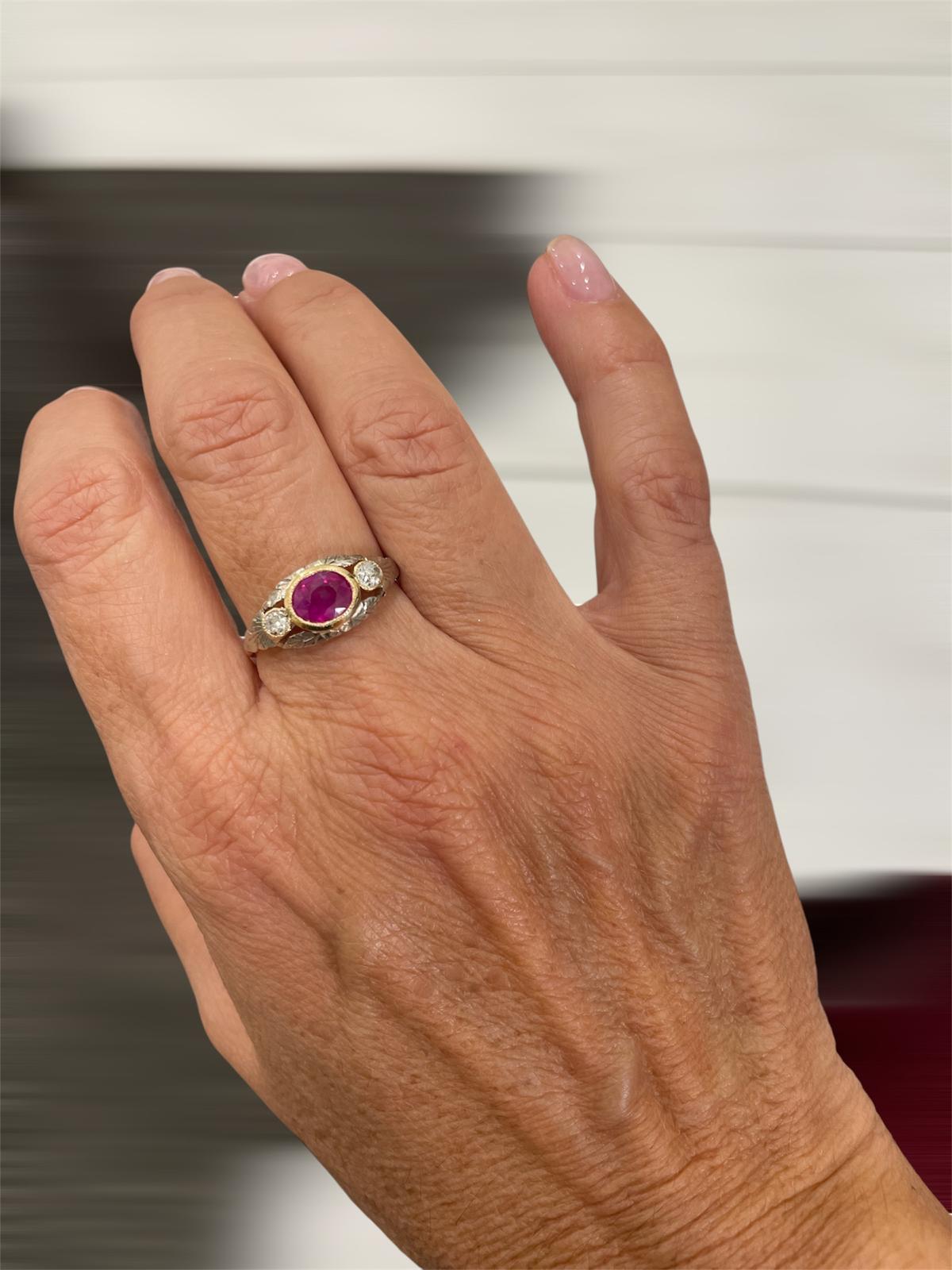 Belle Epoque Certified Burma Ruby No Heat Diamond Engraved Gold Ring For Sale 2