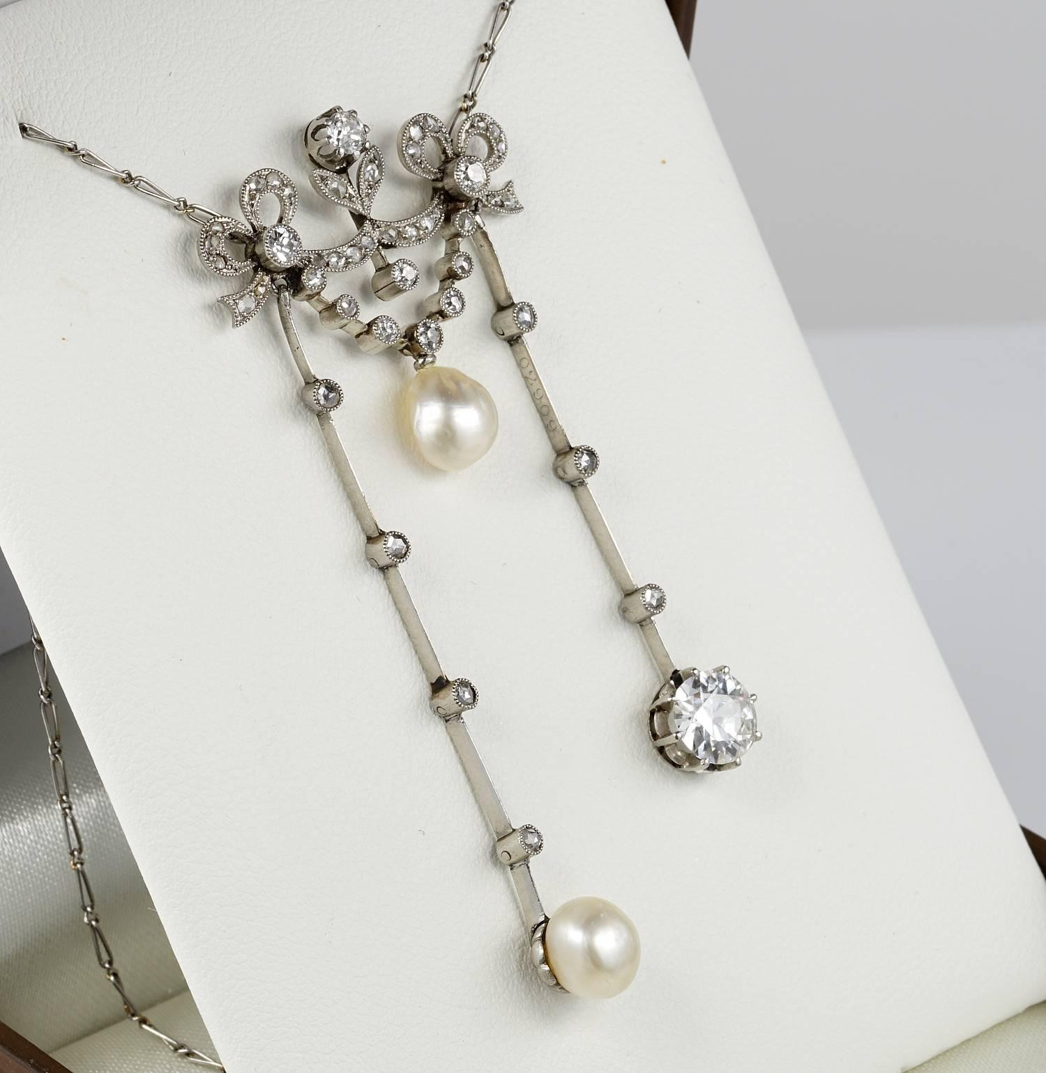Belle Epoque Certified Natural Pearl Diamond Platinum Negligee In Good Condition In Napoli, IT