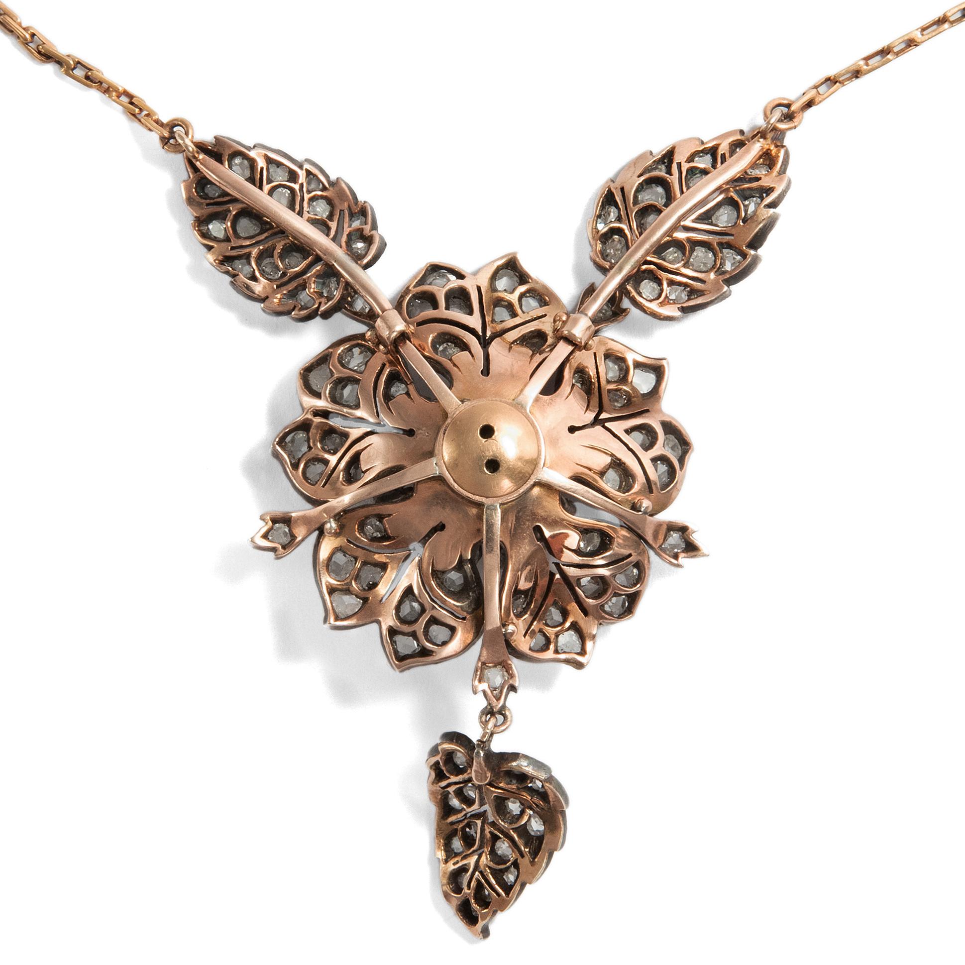 Late Victorian Belle Époque circa 1880, Rose Cut Diamond Silver Gold Floral Pendant Necklace For Sale