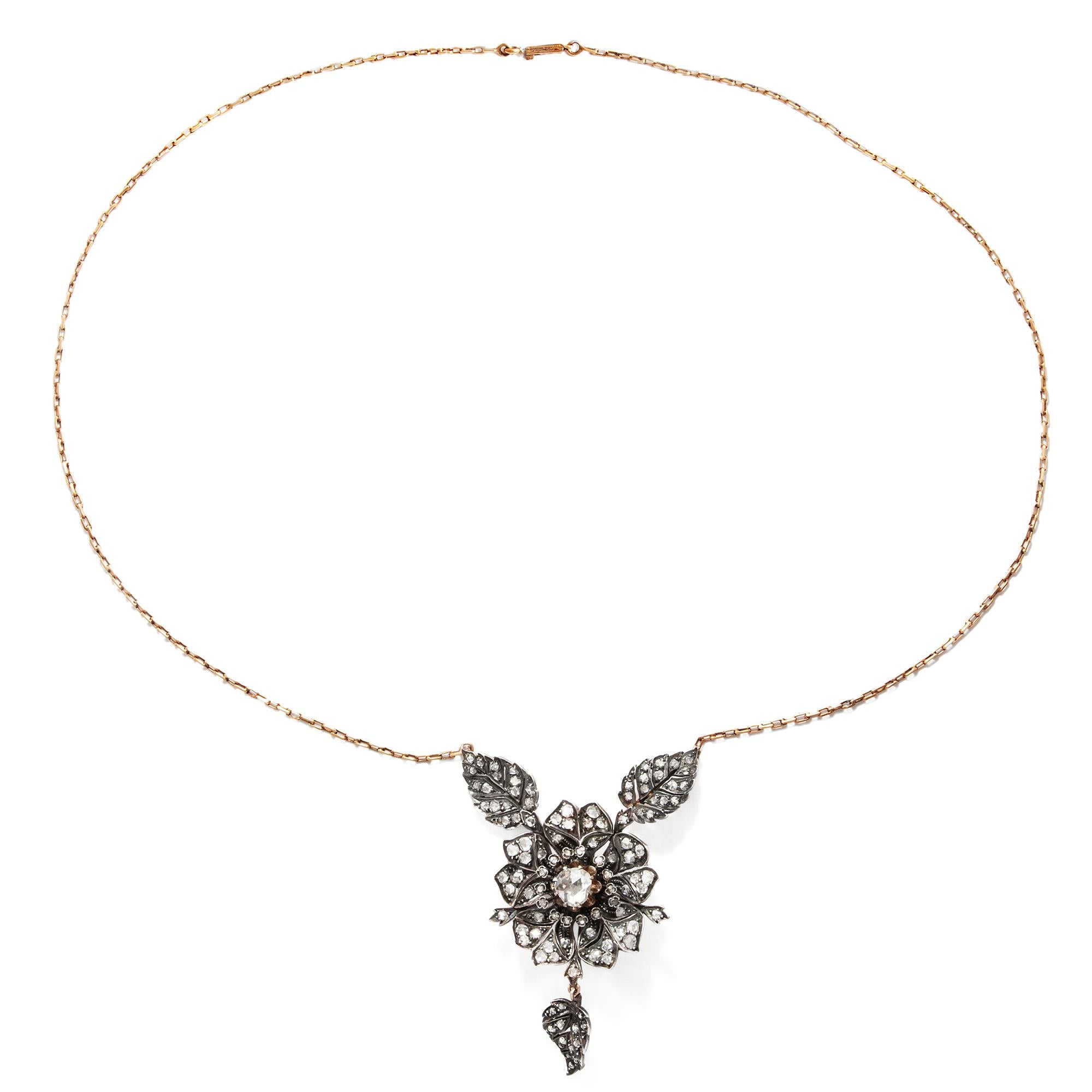 Women's or Men's Belle Époque circa 1880, Rose Cut Diamond Silver Gold Floral Pendant Necklace For Sale