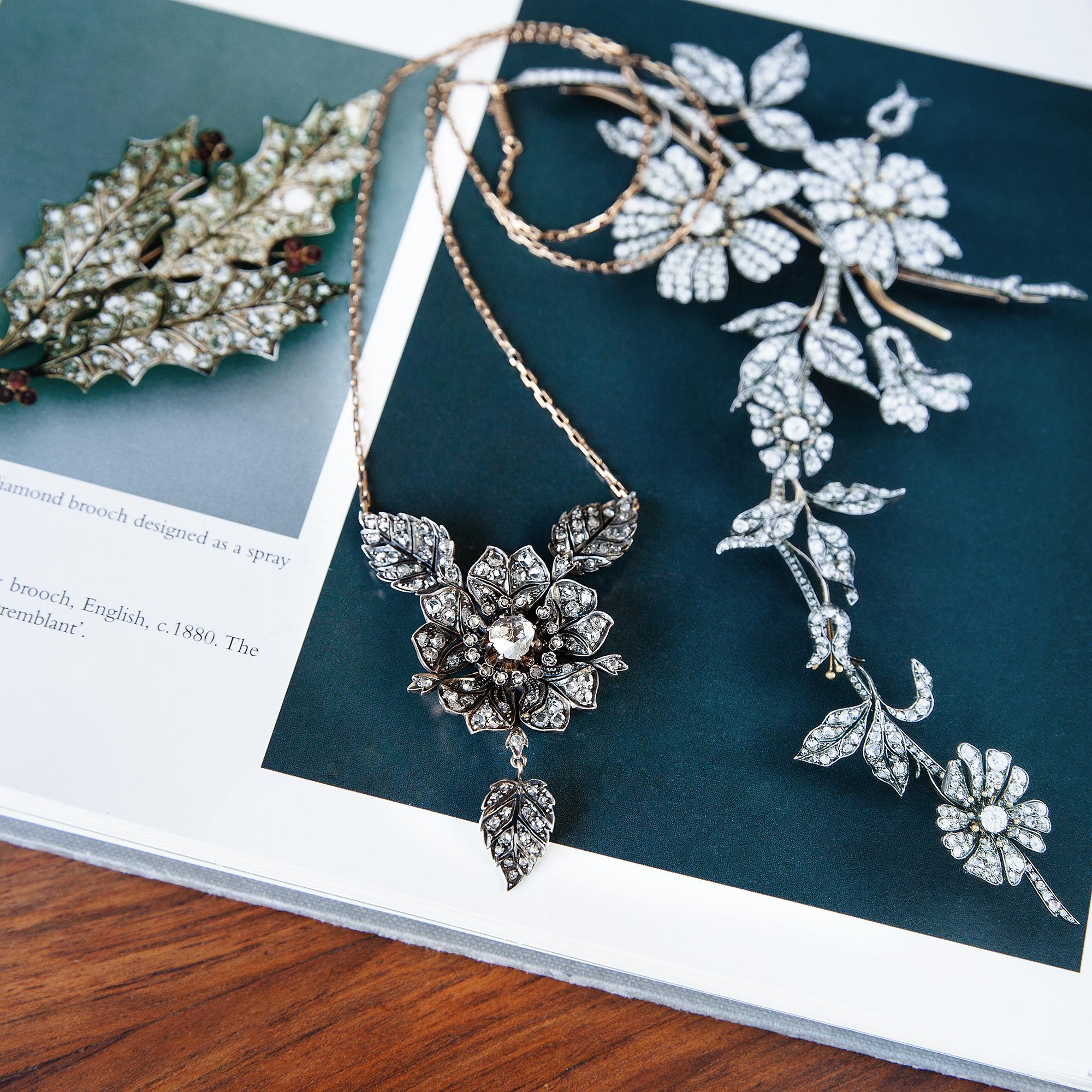 Belle Époque circa 1880, Rose Cut Diamond Silver Gold Floral Pendant Necklace For Sale 3