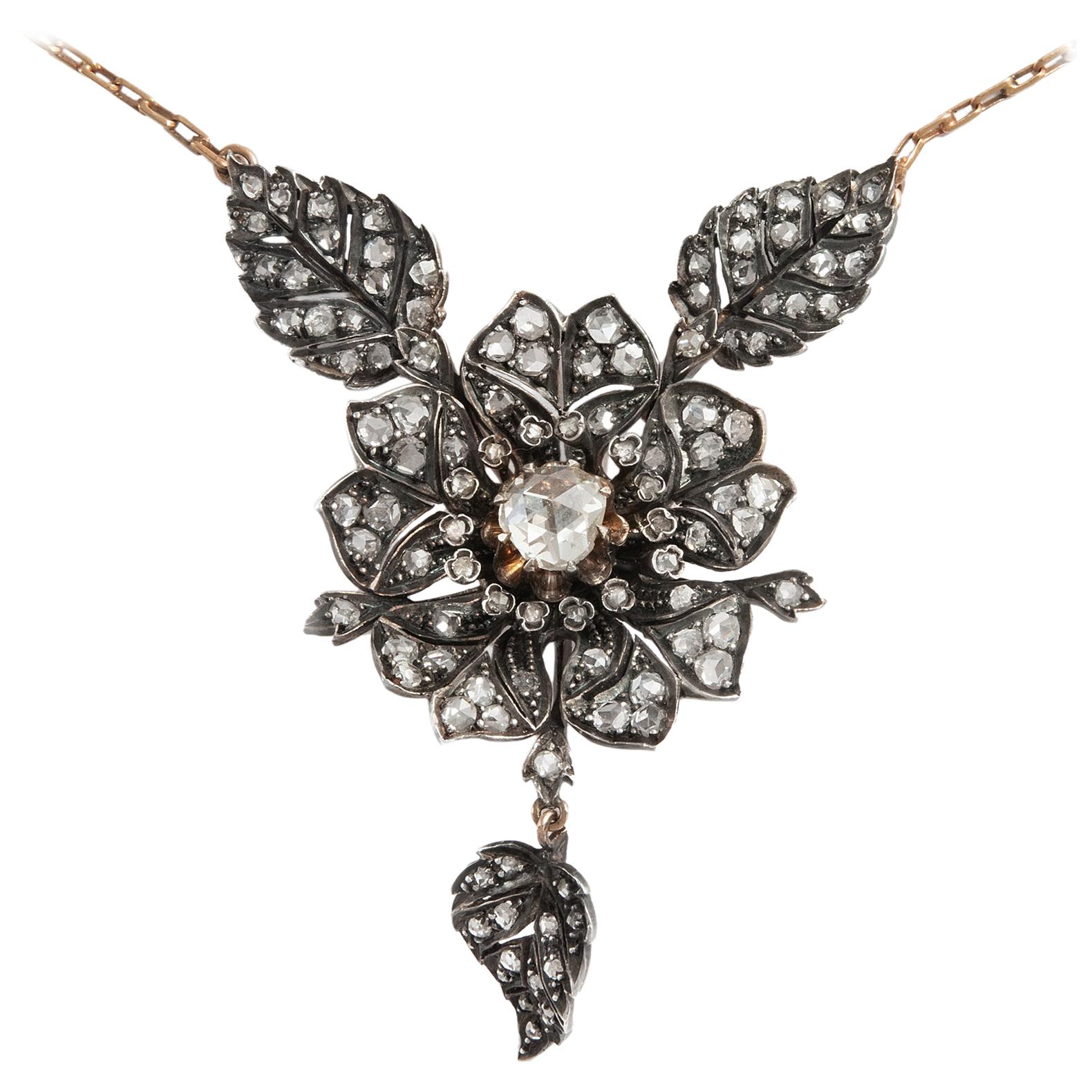 Belle Époque circa 1880, Rose Cut Diamond Silver Gold Floral Pendant Necklace For Sale