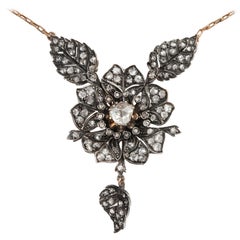 Antique Belle Époque circa 1880, Rose Cut Diamond Silver Gold Floral Pendant Necklace