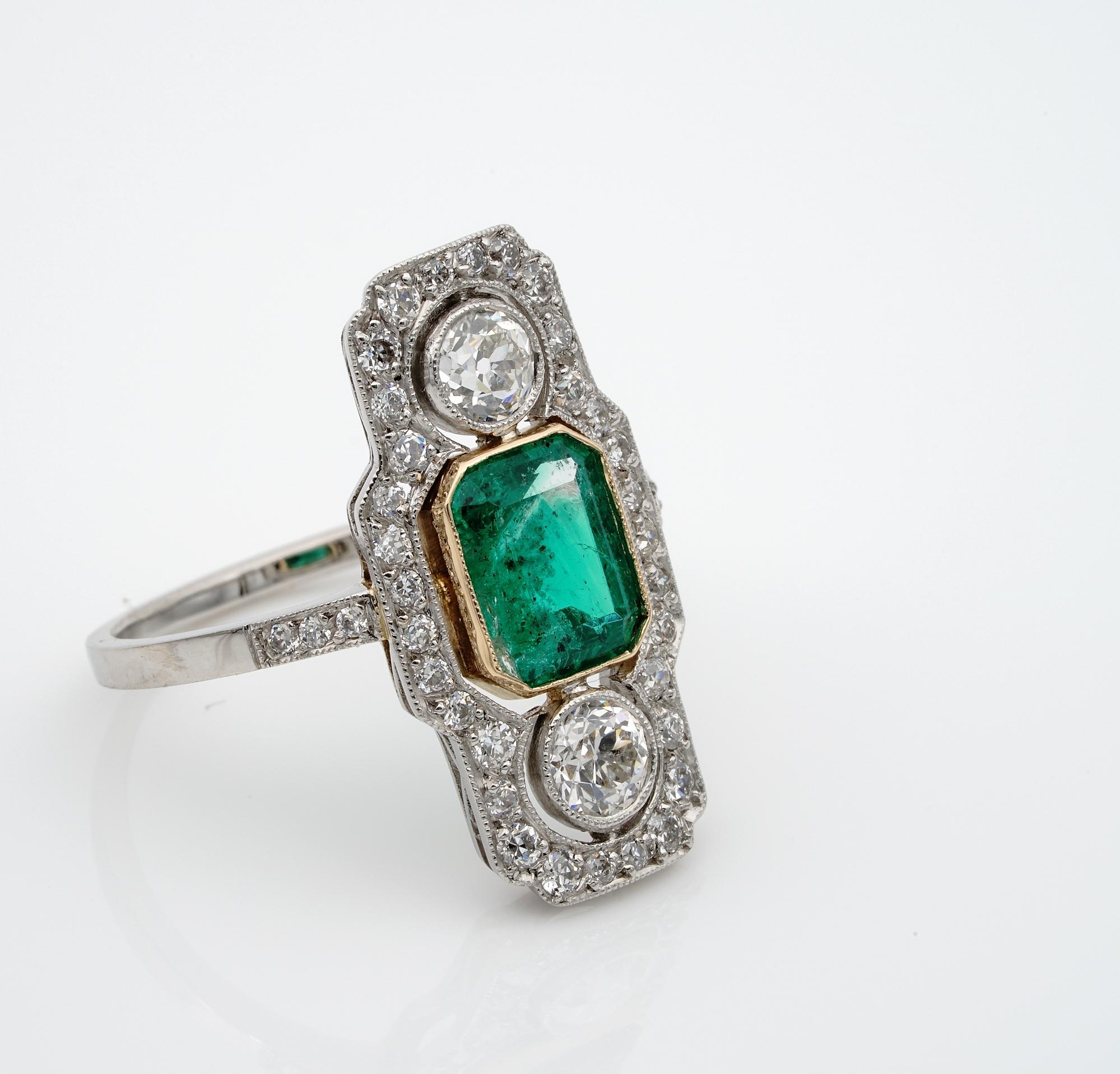Emerald Cut Belle Époque Colombian Emerald Diamond Rare Platinum Ring For Sale