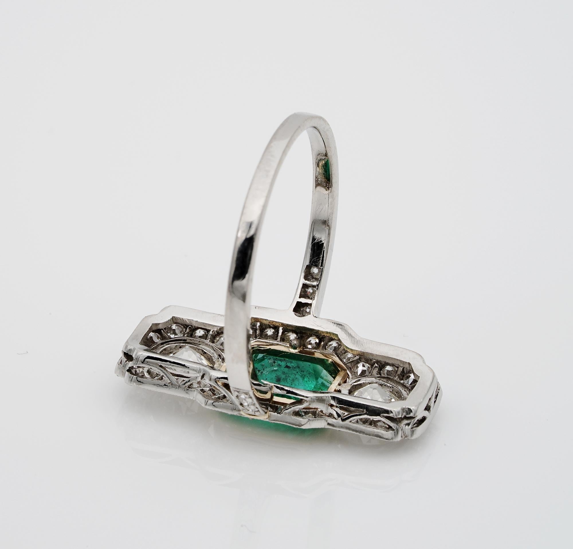 Belle Époque Colombian Emerald Diamond Rare Platinum Ring For Sale 2