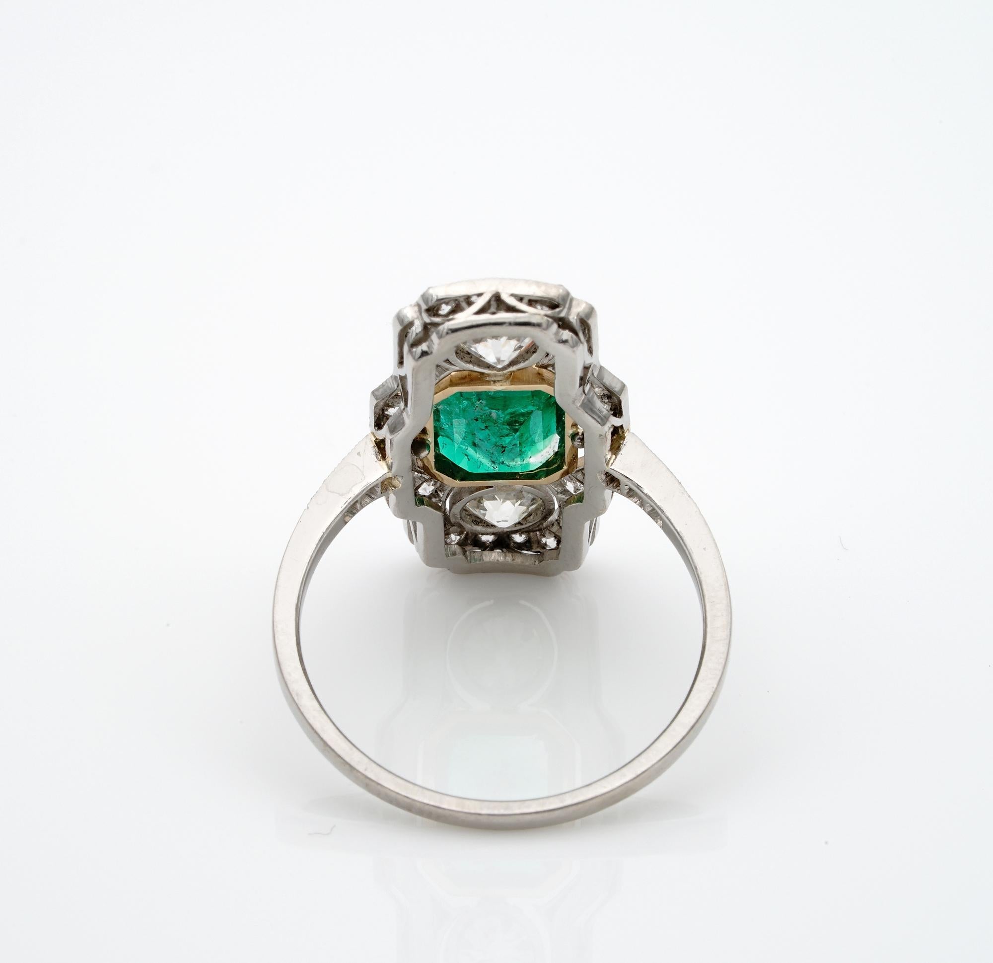 Belle Époque Colombian Emerald Diamond Rare Platinum Ring For Sale 3