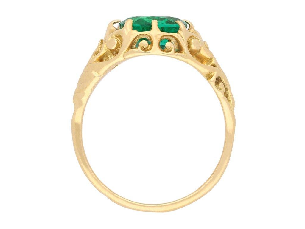 Antique Cushion Cut Belle Époque Colombian Emerald Solitaire Ring, French, circa 1895 For Sale