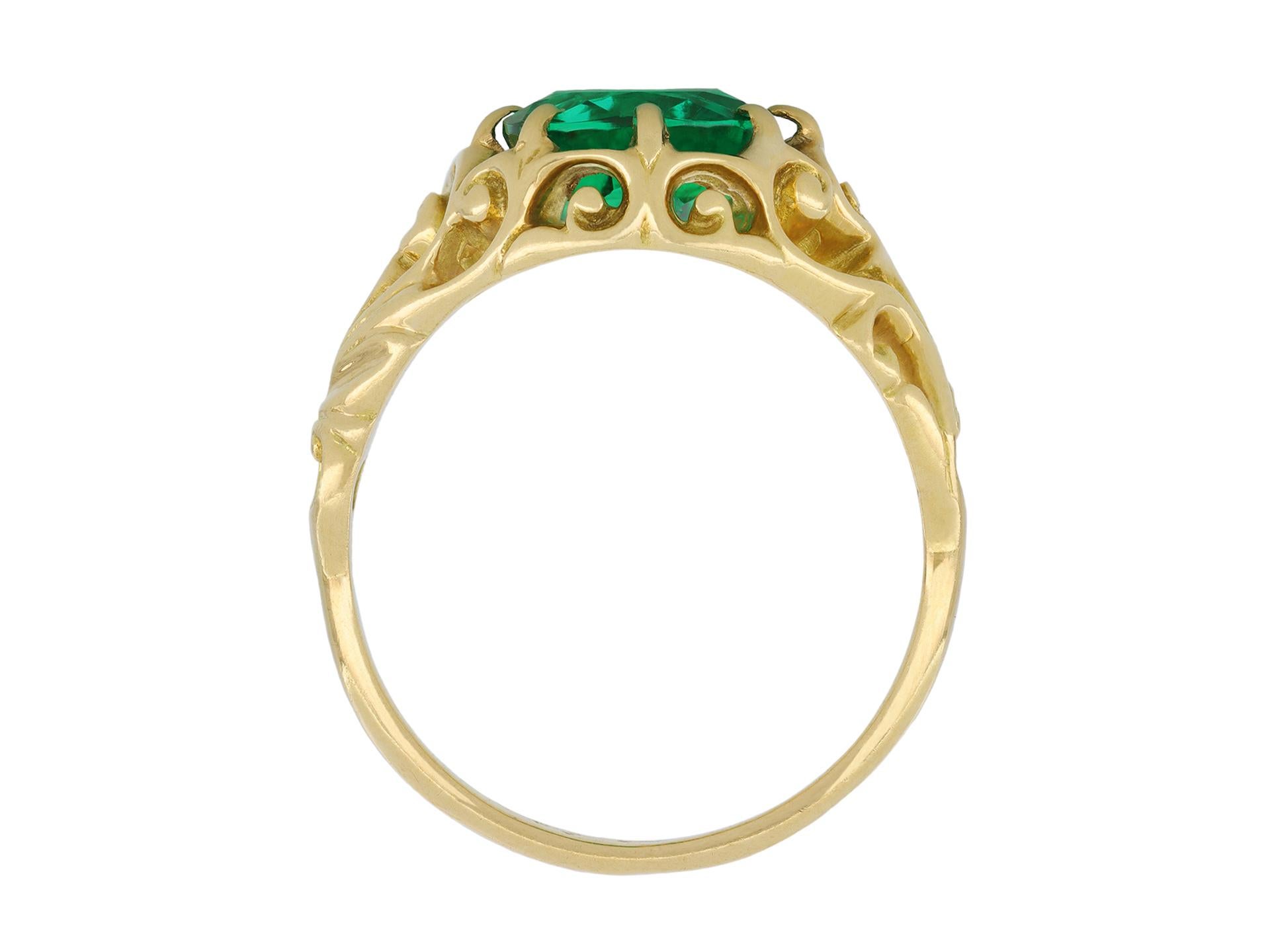 Antique Cushion Cut Belle Époque Colombian Emerald Solitaire Ring, French, circa 1895 For Sale
