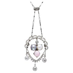 Belle Époque Conch Pearl and Diamond Pendant Necklace, Platinum, Circa 1910