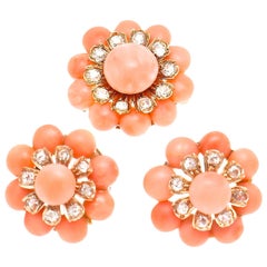 Antique Belle Époque Coral Diamond Earring Brooch Ensemble