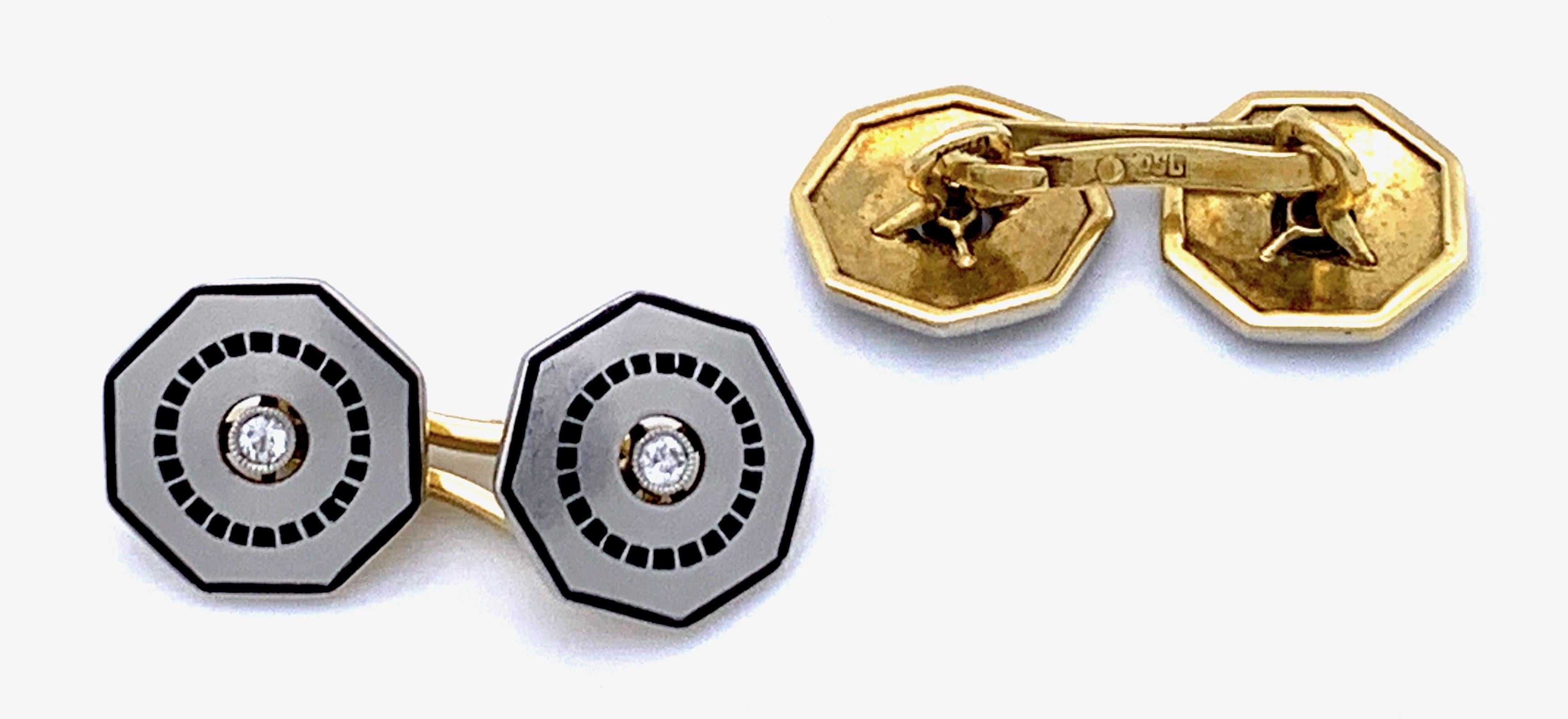 Belle Époque Cufflinks Diamond 18 Karat Yellow Gold Black Enamel Cufflinks In Good Condition For Sale In Munich, Bavaria