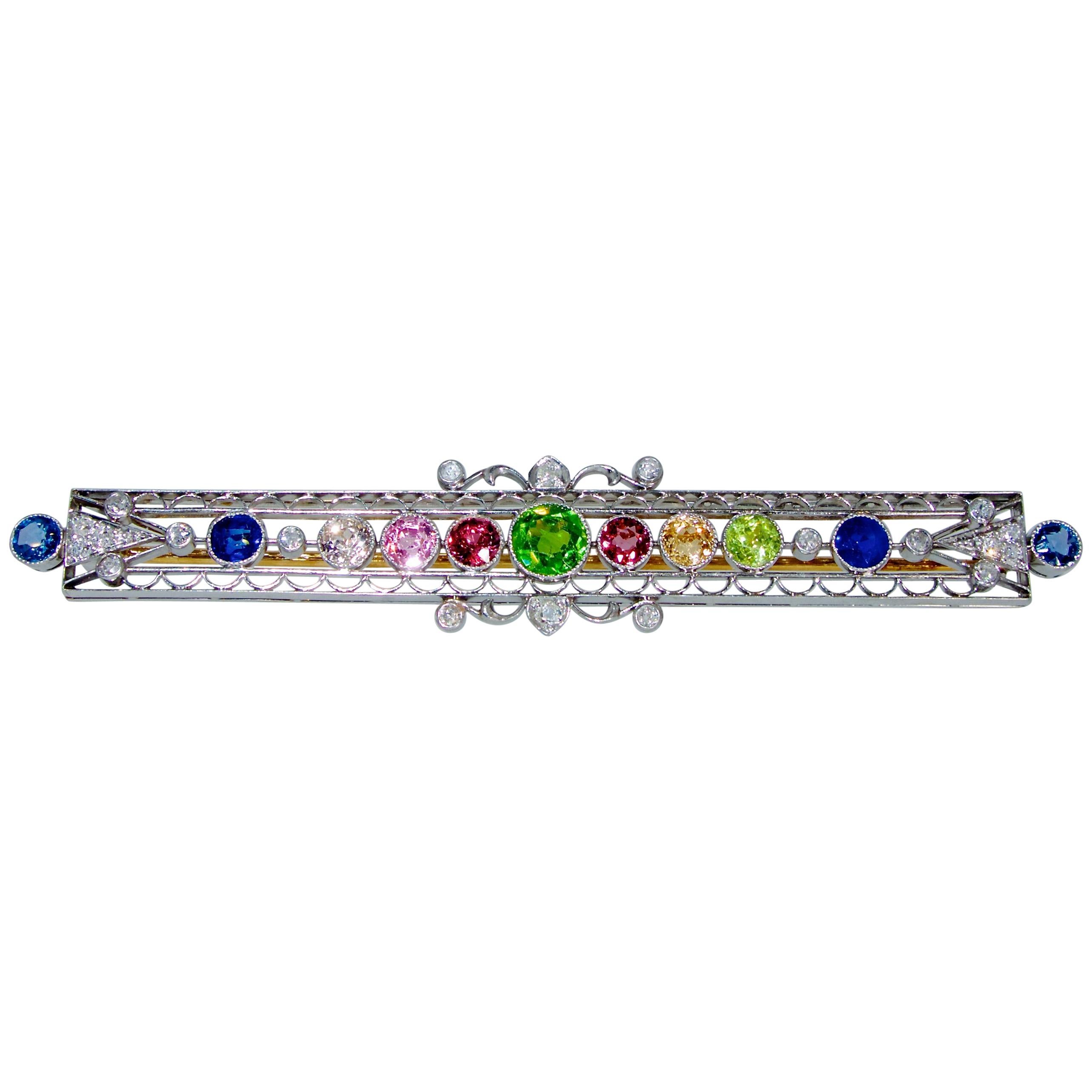 Belle Epoque Demantoid Garnet, Multi-Color Sapphire and Diamond Brooch
