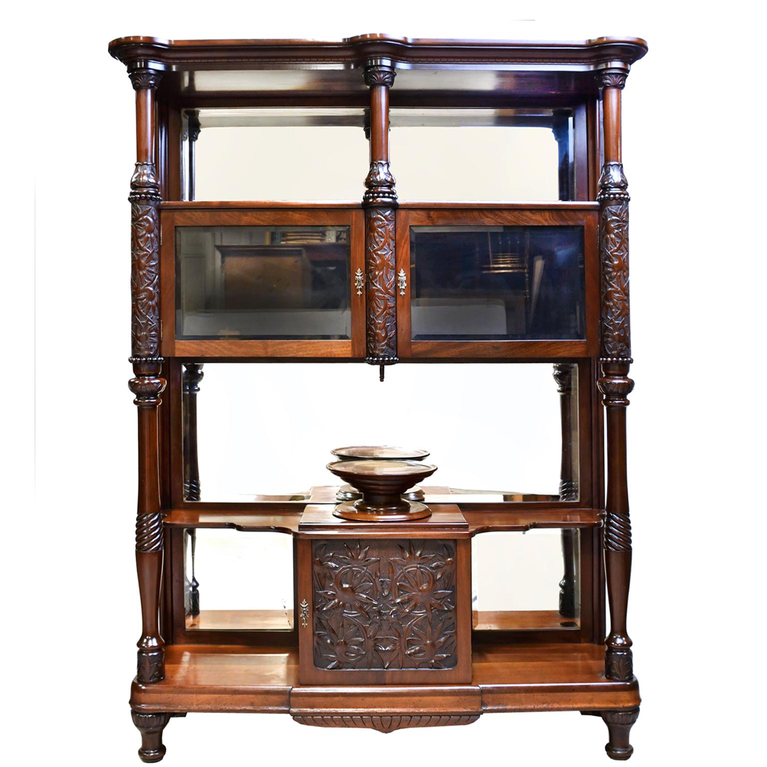 Beveled Belle Époque Desert Cupboard in Mahogany with Carved Birds of Paradise For Sale