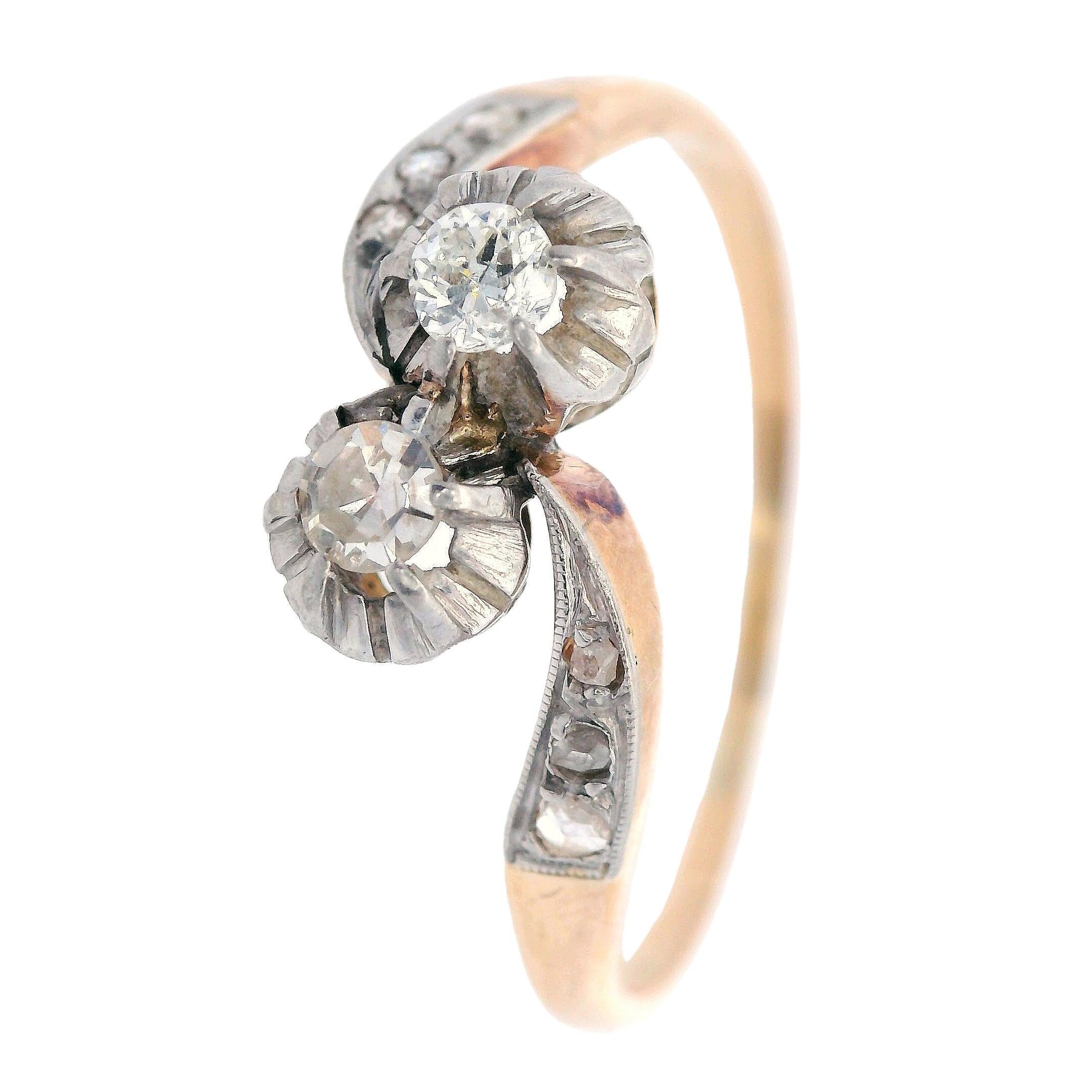 Bague Toi Et Moi en or jaune 14K avec diamant Belle Époque en vente 2