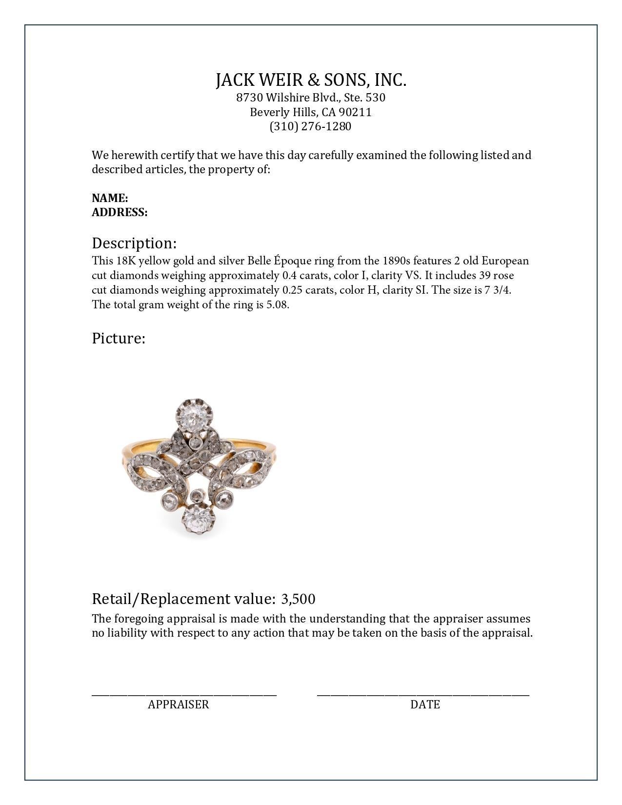 Belle Epoque Wirbelring aus 18 Karat Gelbgold und Silber mit Diamanten (Alteuropäischer Schliff)