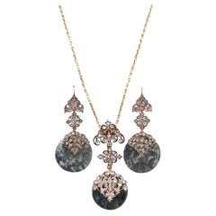 Antique Belle Epoque Diamond and Moss Agate Pendant / Earrings