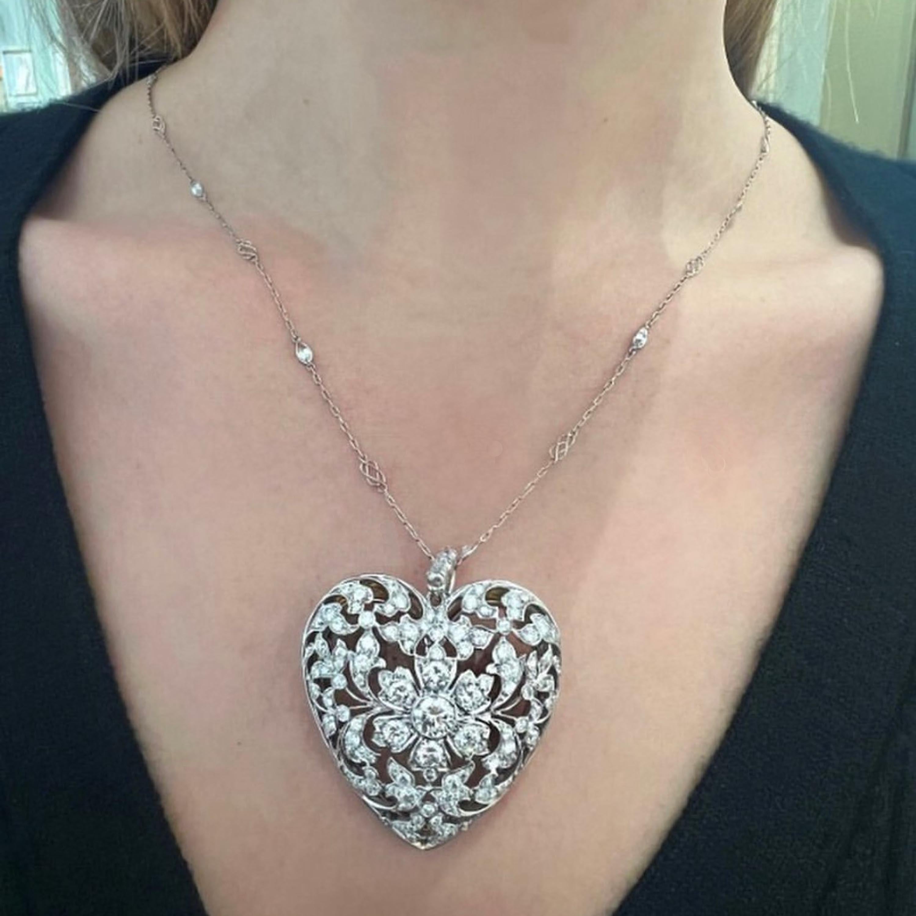 Taille rose Pendentif en forme de cœur et chaîne en diamant et platine de la Belle Époque, vers 1910 en vente