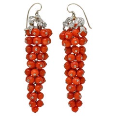 Belle Époque Diamond Coral Bead Platinum Antique Grape Drop Earrings