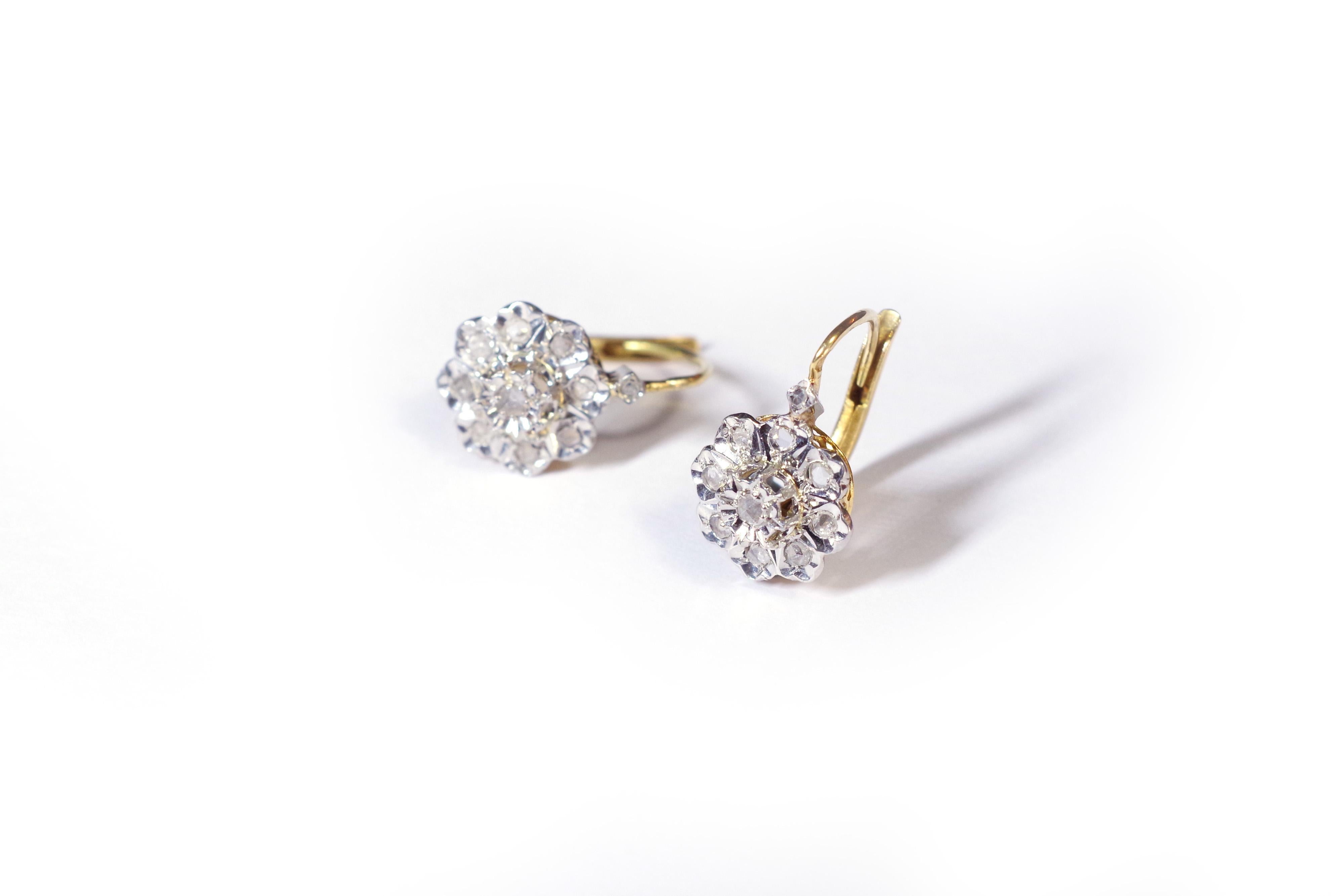 Belle Epoque diamond earrings in 18 karat yellow gold and platinum In Fair Condition In PARIS, FR