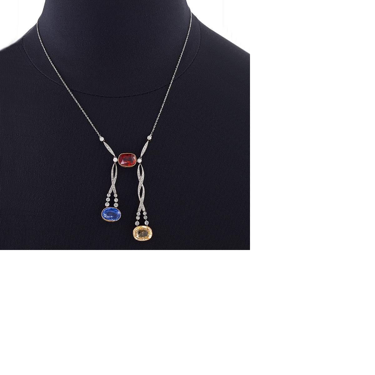 Belle Époque Diamond, Garnet, Sapphire, Diamond, Platinum and Gold Lavaliere In Excellent Condition For Sale In New York, NY
