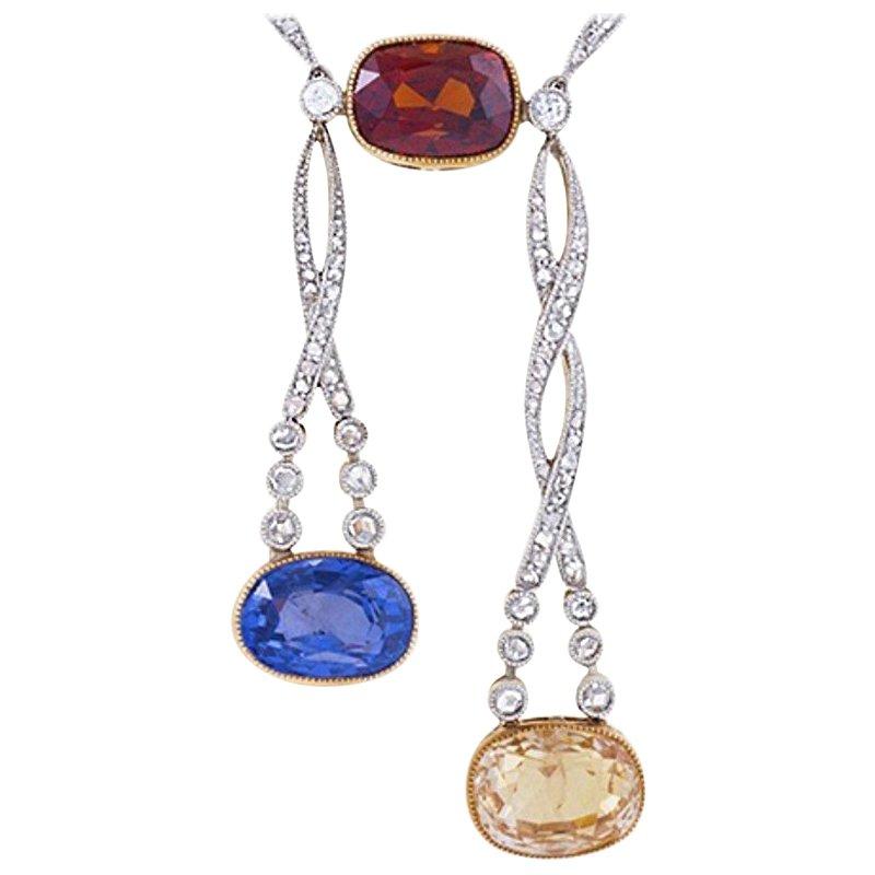 Belle Époque Diamond, Garnet, Sapphire, Diamond, Platinum and Gold Lavaliere For Sale