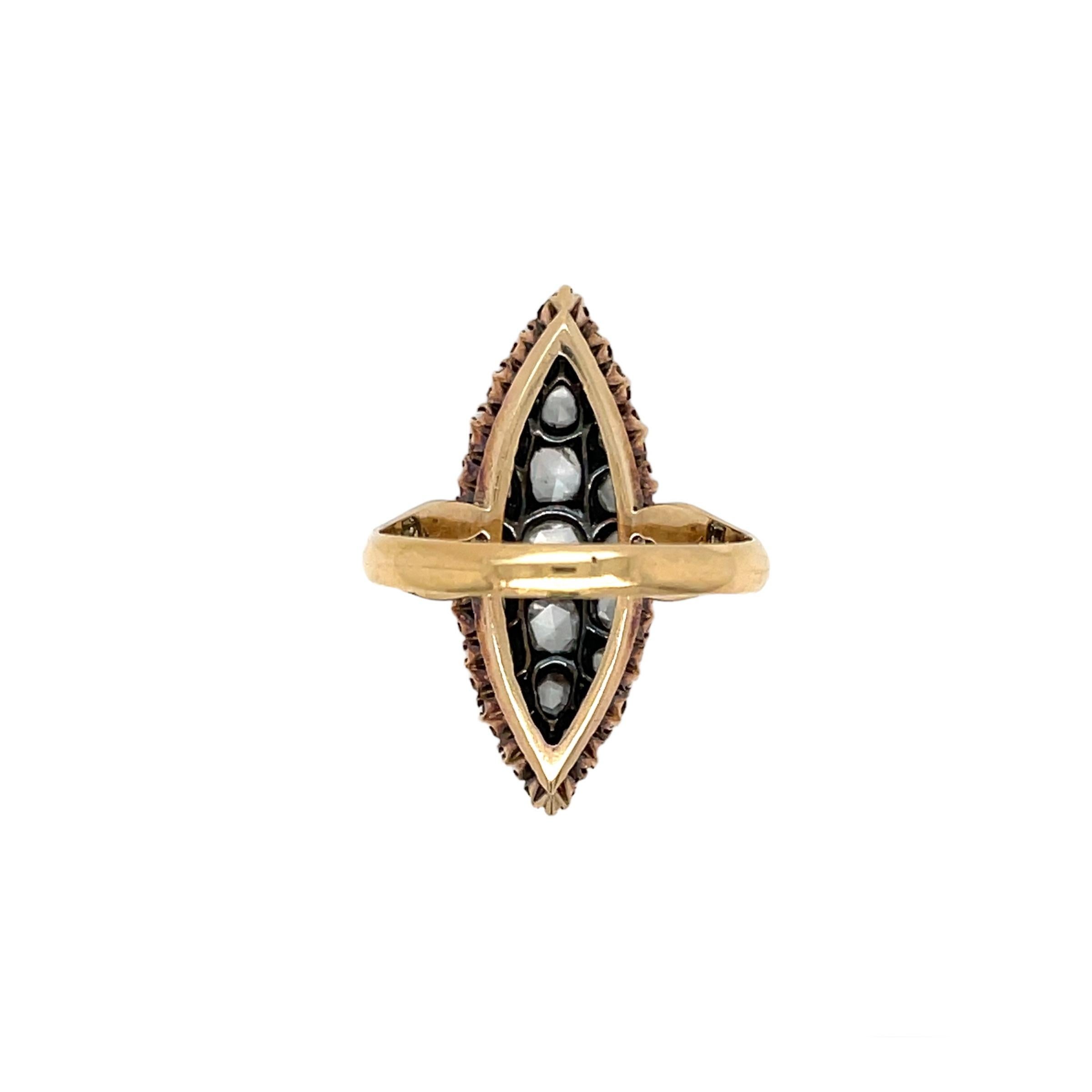 Belle Epoque Diamond Gold and Silver Shuttle Ring In Excellent Condition For Sale In Napoli, NA