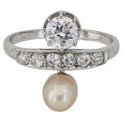 Belle Epoque Diamond Natural Pearl French Platinum Ring