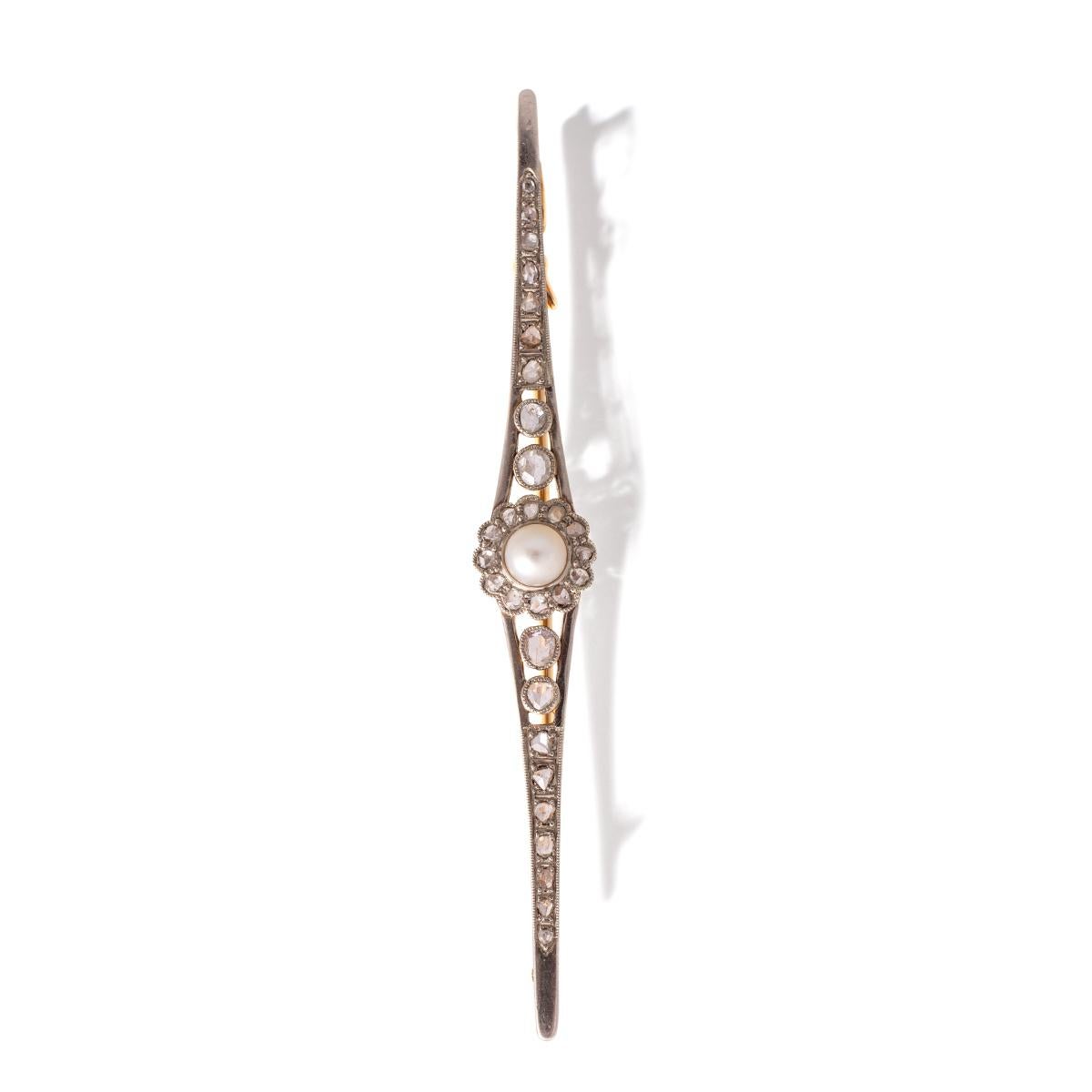 Barrette-Brosche aus der Belle Epoque mit Diamanten und Perlen (Rosenschliff) im Angebot