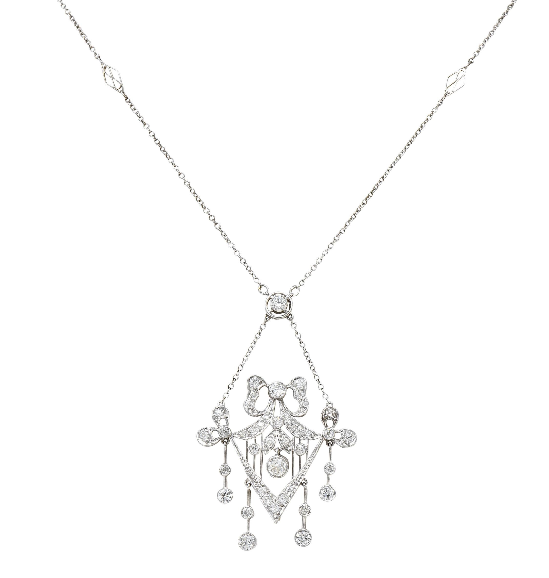 Belle Epoque Diamond Platinum Ribboned Bow Station Necklace 2