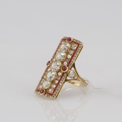Belle Époque Diamond, Red Enamel and Rubies Marquise Ring