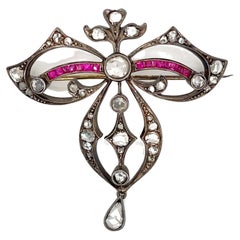 Belle Epoque Diamond Ruby Gold and Silver Brooch