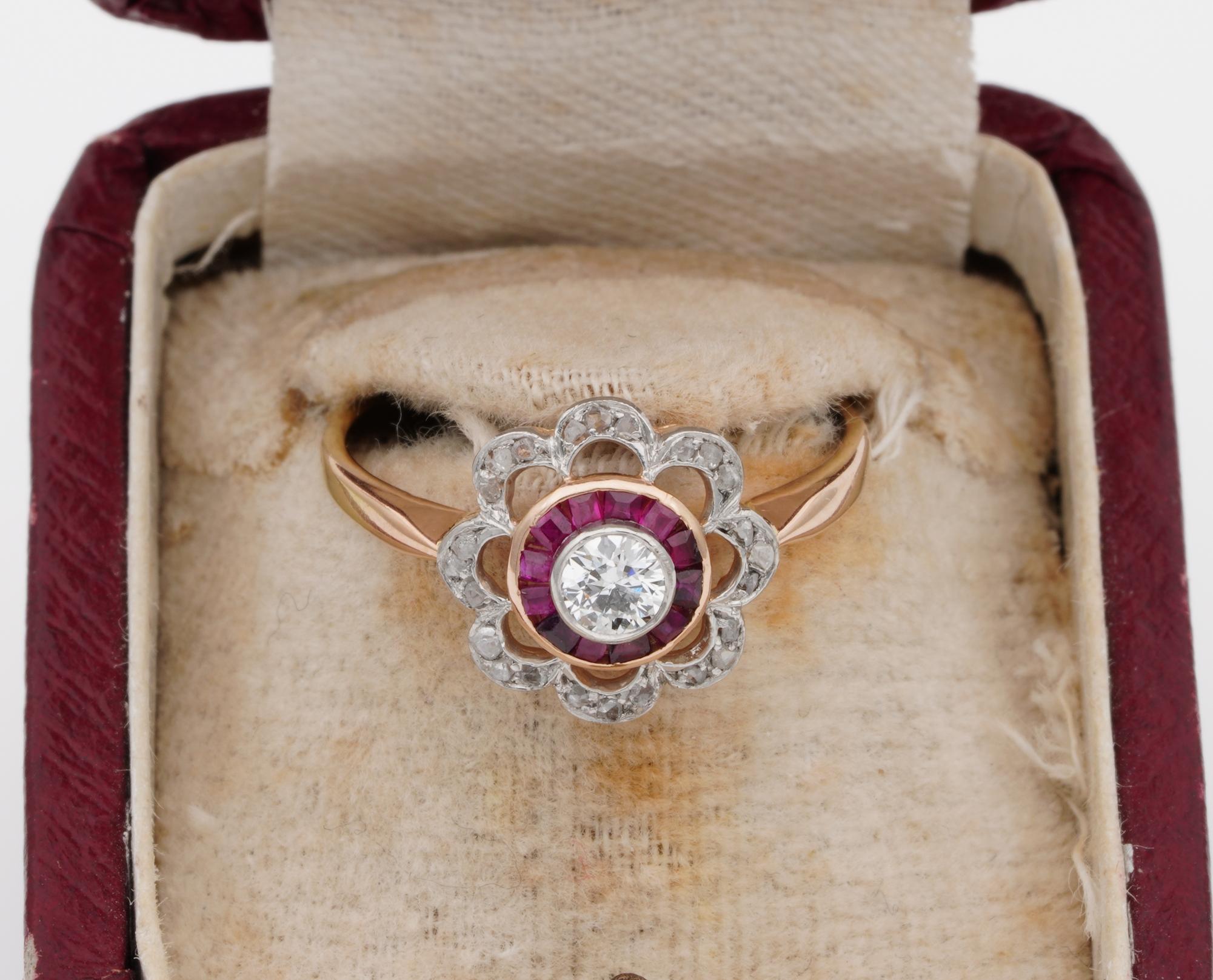 Eye catching Grace

Belle Epoque or Edwardian 1910 ca – low profile sitting very flat on finger
Charming flower inspired with sinuous undulated petals bordering the fine centre target design defined with Red Rubies and Diamond Sparkle
Truly gorgeous