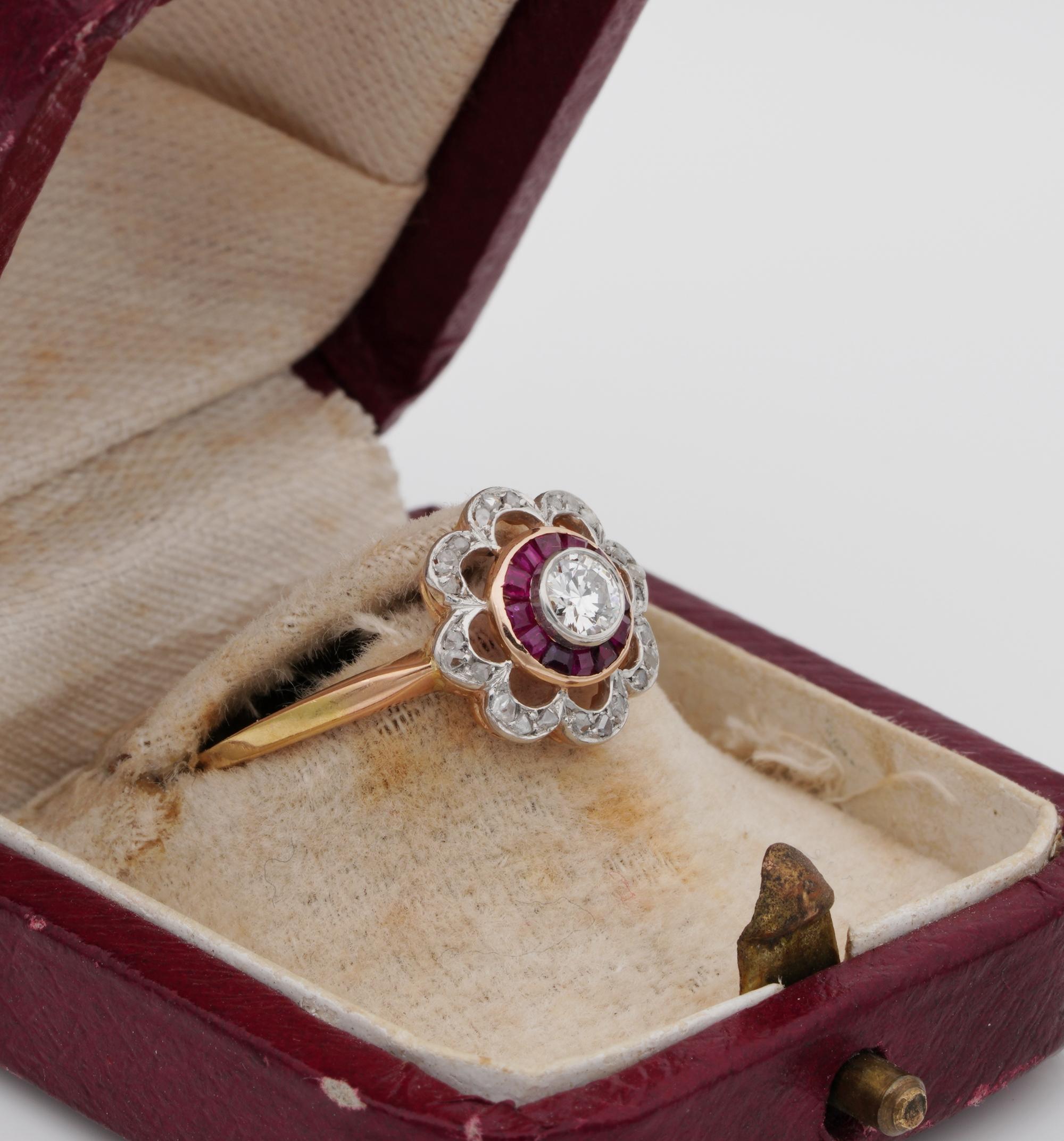 Round Cut Belle Epoque Diamond Ruby Rare Target Ring, circa 1910 For Sale