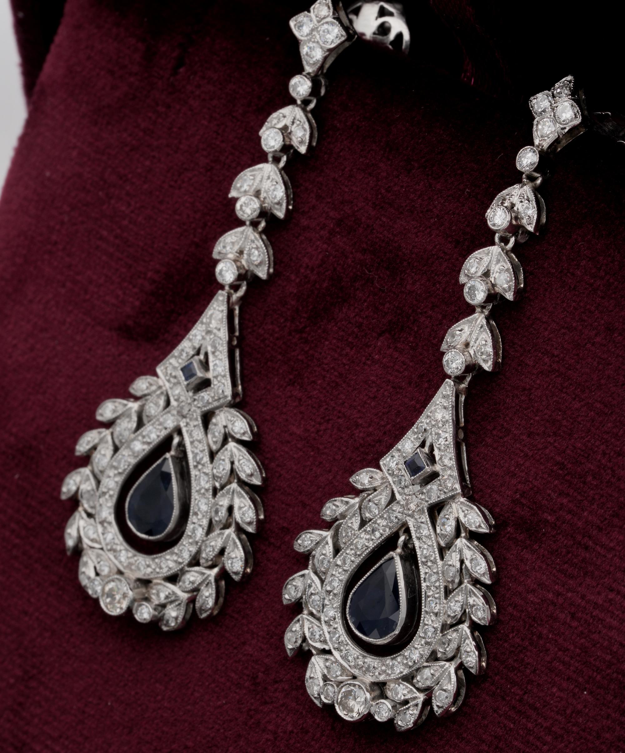 Women's or Men's Belle Epoque Diamond Sapphire Long Drop Earrings Platinum For Sale
