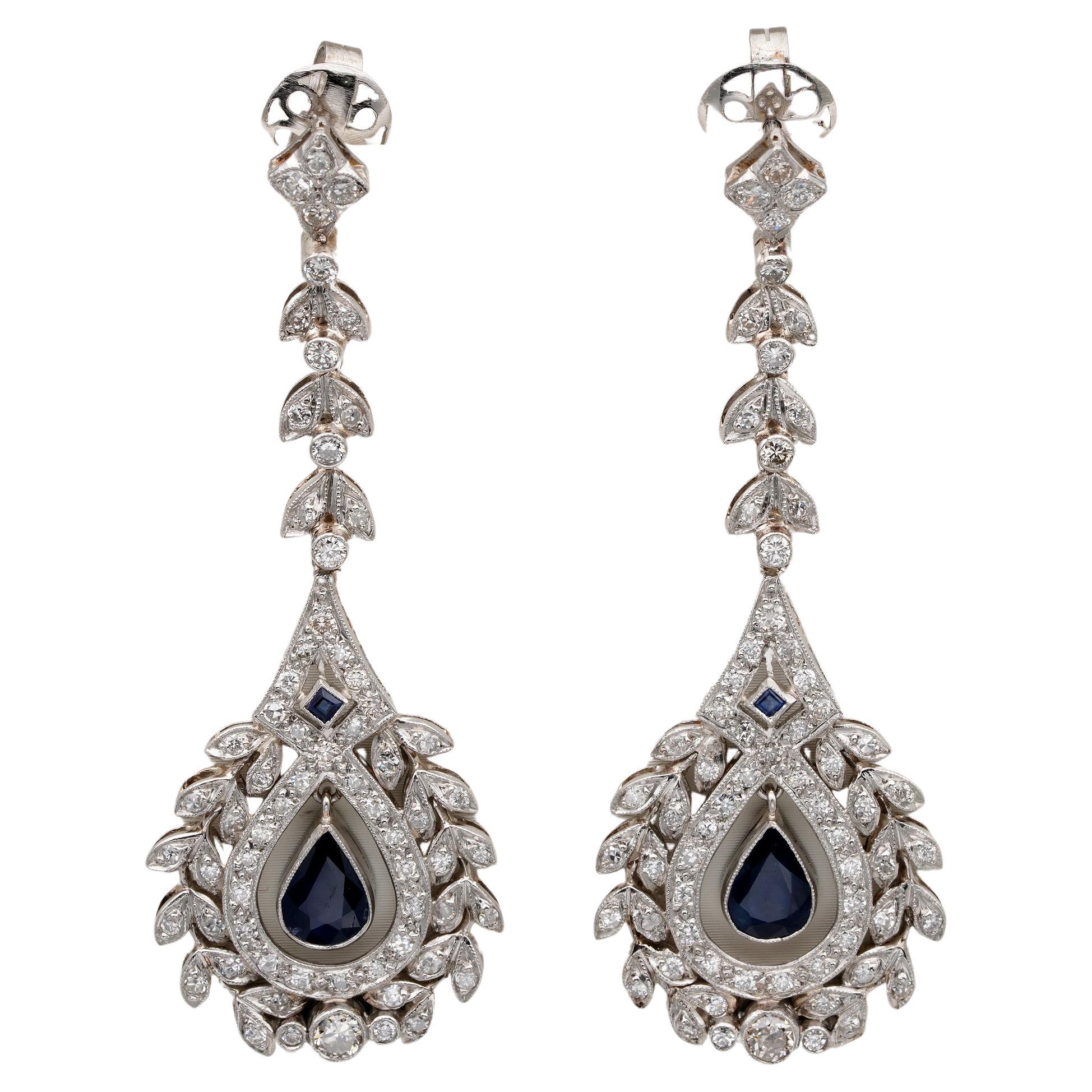 Belle Epoque Diamond Sapphire Long Drop Earrings Platinum For Sale