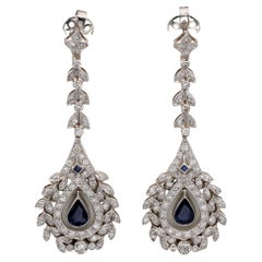 Antique Belle Epoque Diamond Sapphire Long Drop Earrings Platinum