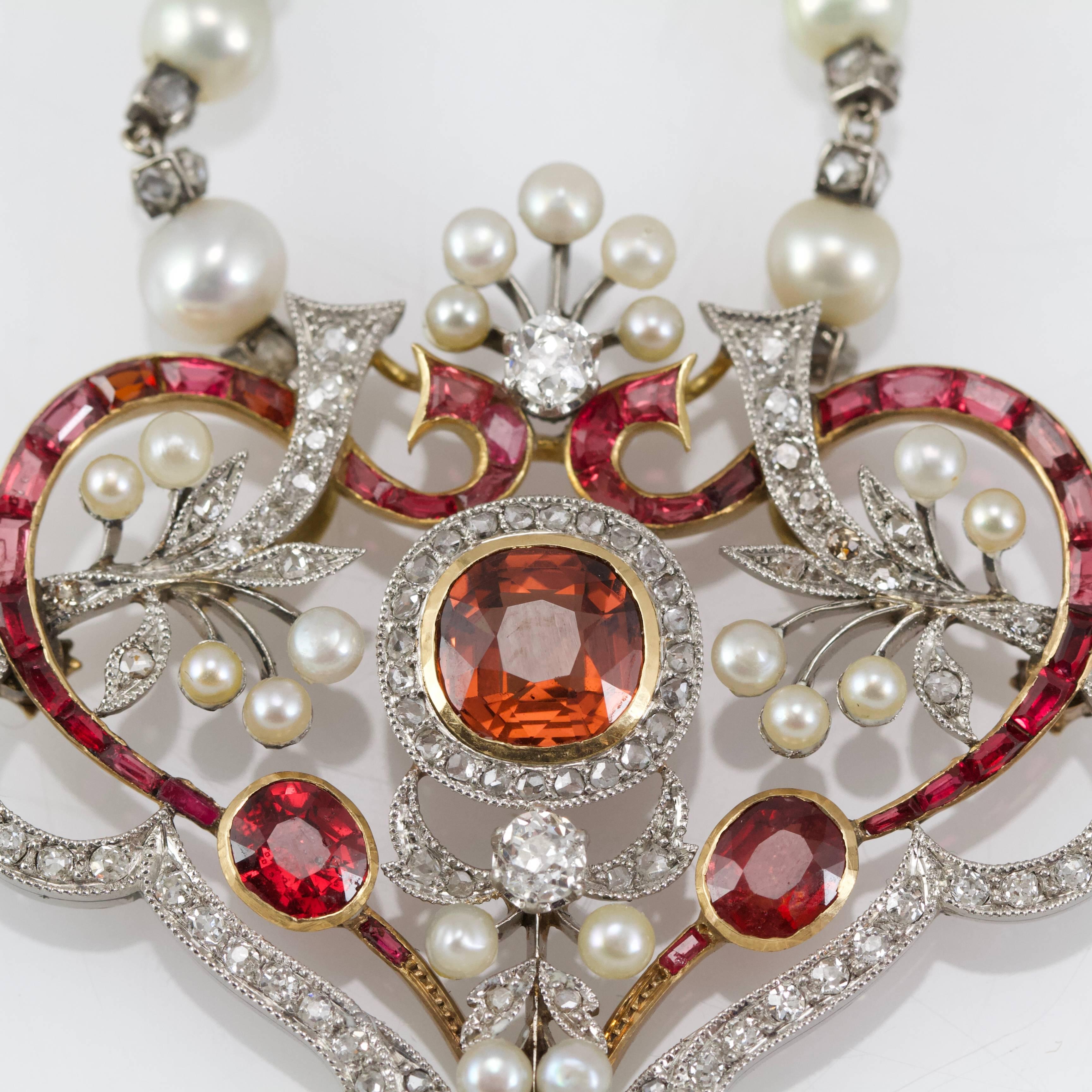 Art Nouveau Belle Epoque Diamond, Spinelle, Garnet and Pearls Necklace from Paris