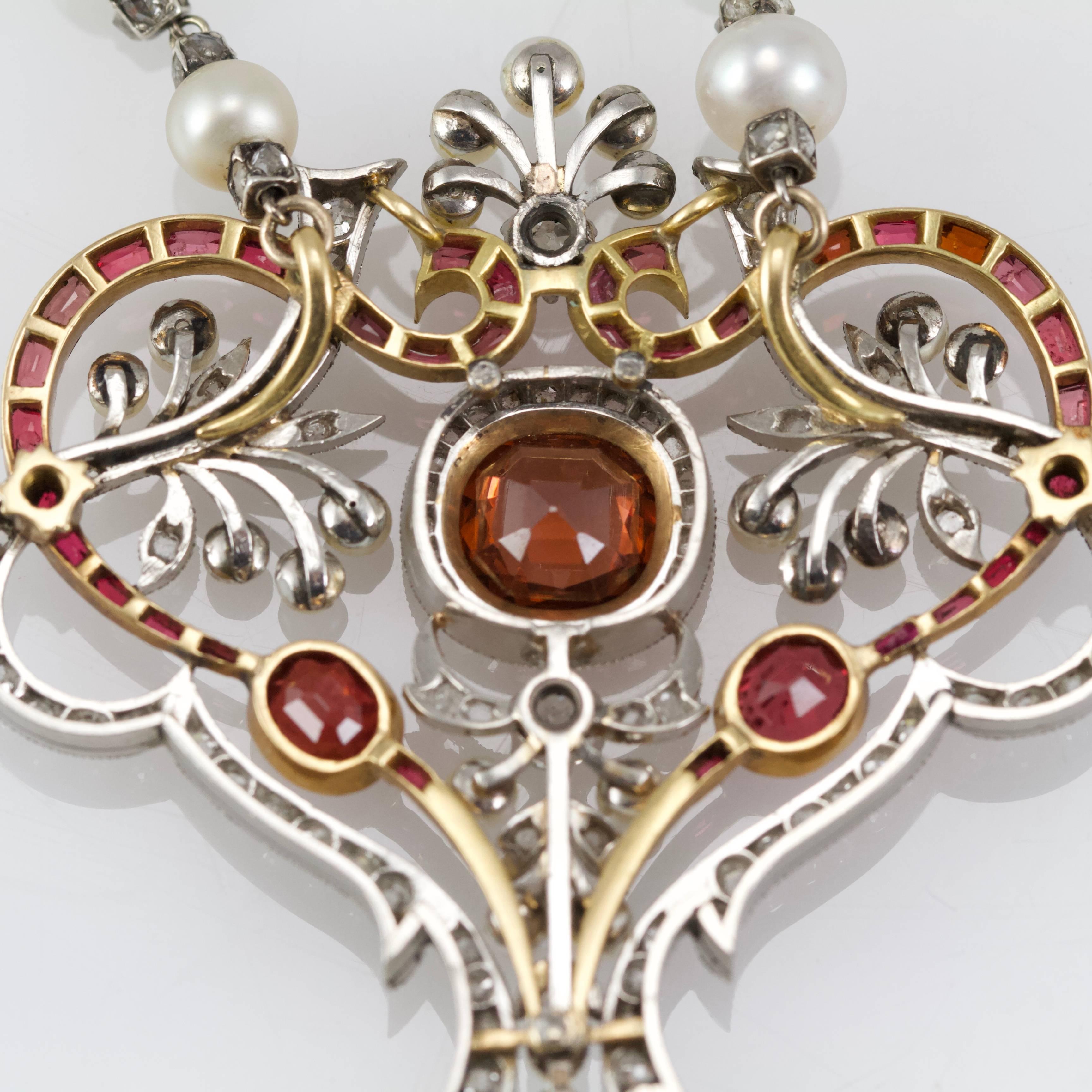 Women's or Men's Belle Epoque Diamond, Spinelle, Garnet and Pearls Necklace from Paris