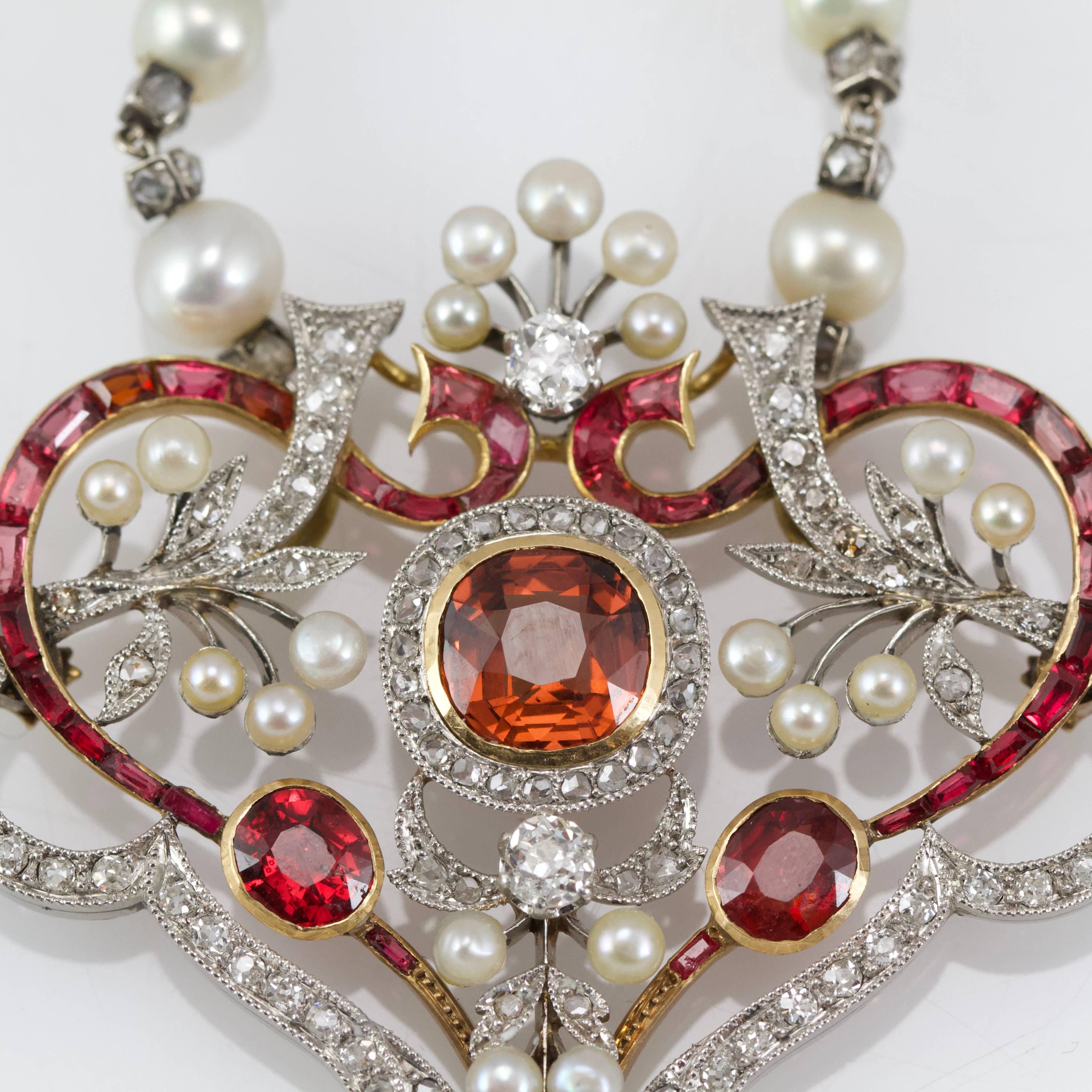 Belle Epoque Diamond, Spinelle, Garnet and Pearls Necklace from Paris 1