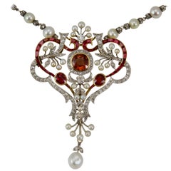 Belle Epoque Diamond, Spinelle, Garnet and Pearls Necklace from Paris