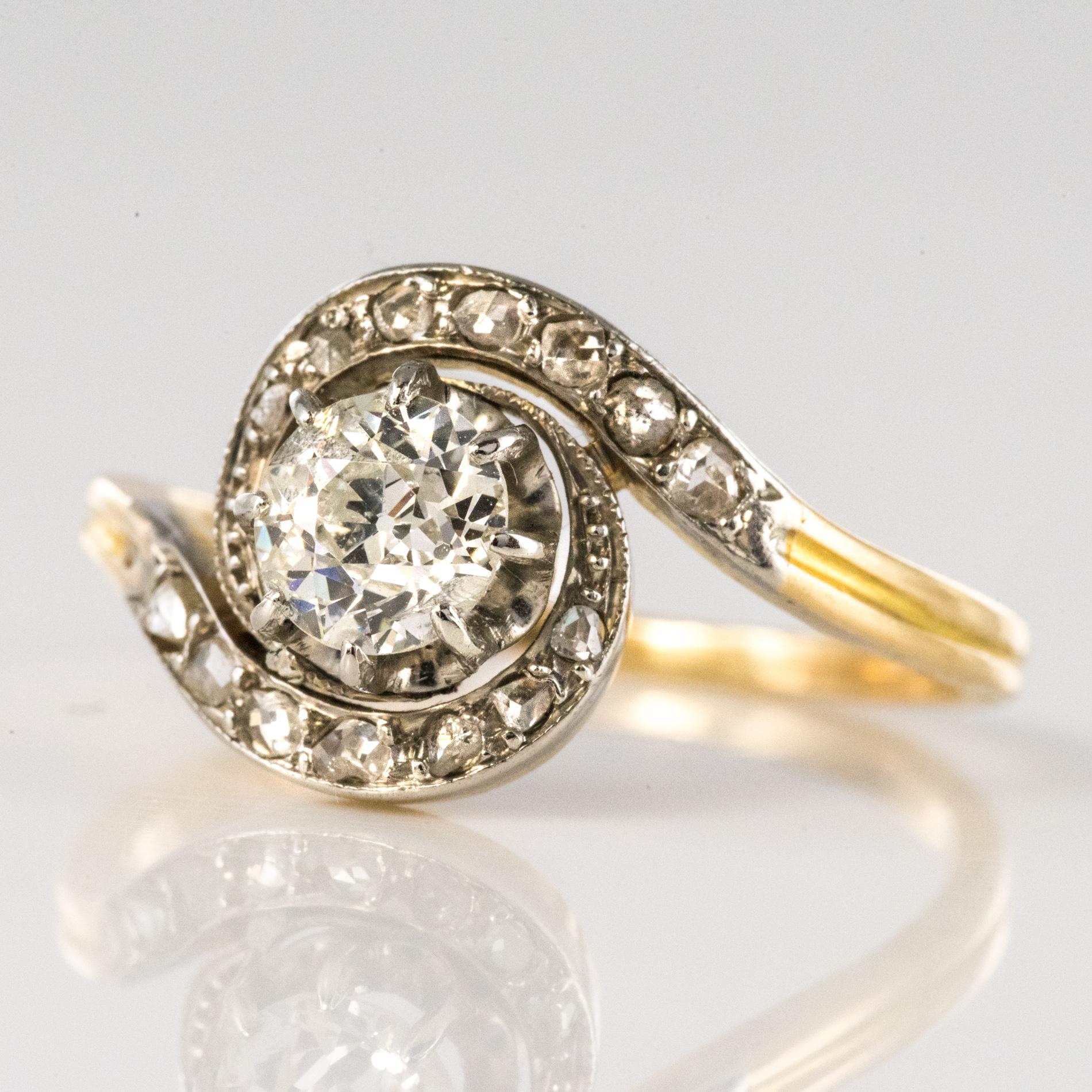 Belle Époque Diamanten 18 Karat Gelbgold Platin Wirbel Ring (Brillantschliff)