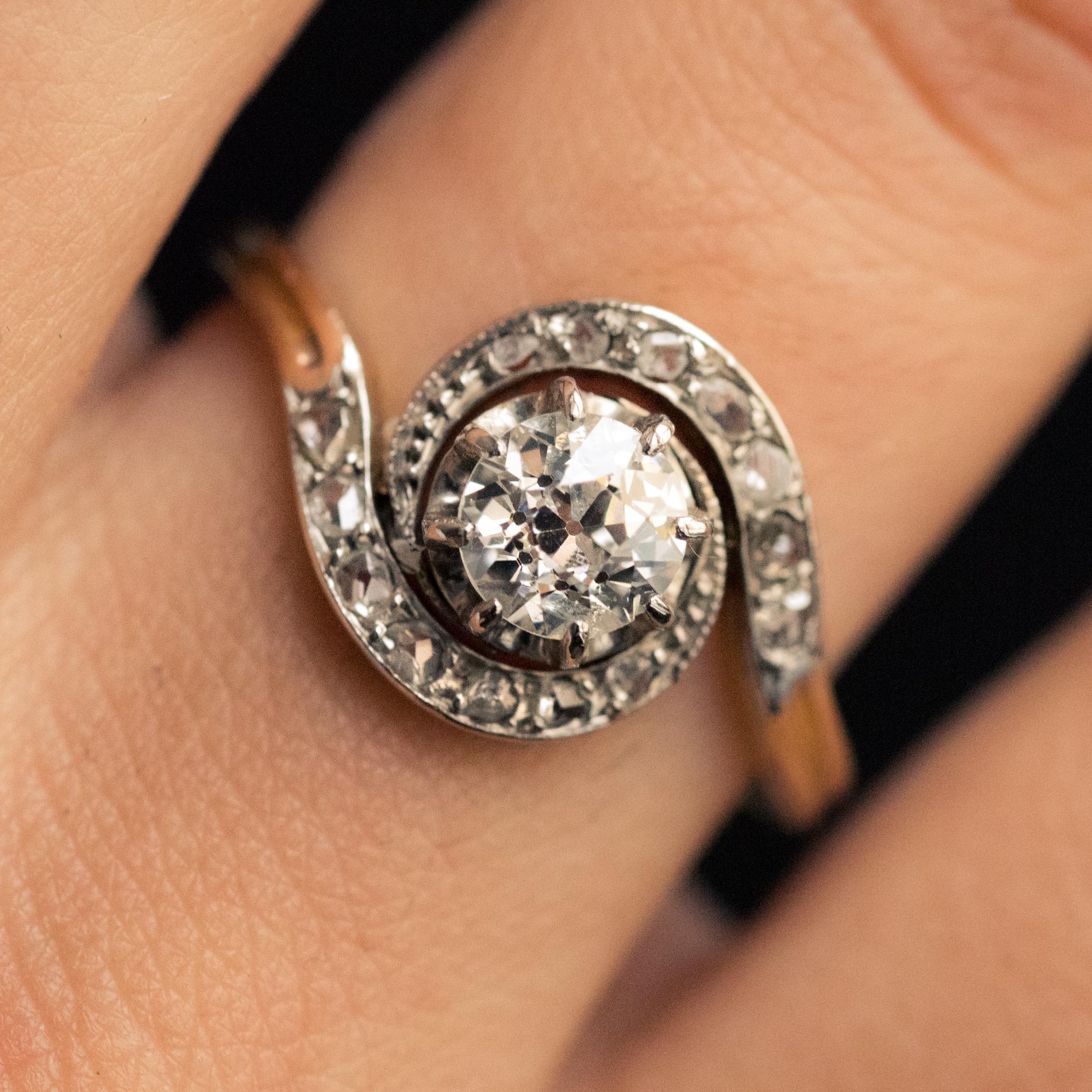 Belle Époque Diamanten 18 Karat Gelbgold Platin Wirbel Ring Damen