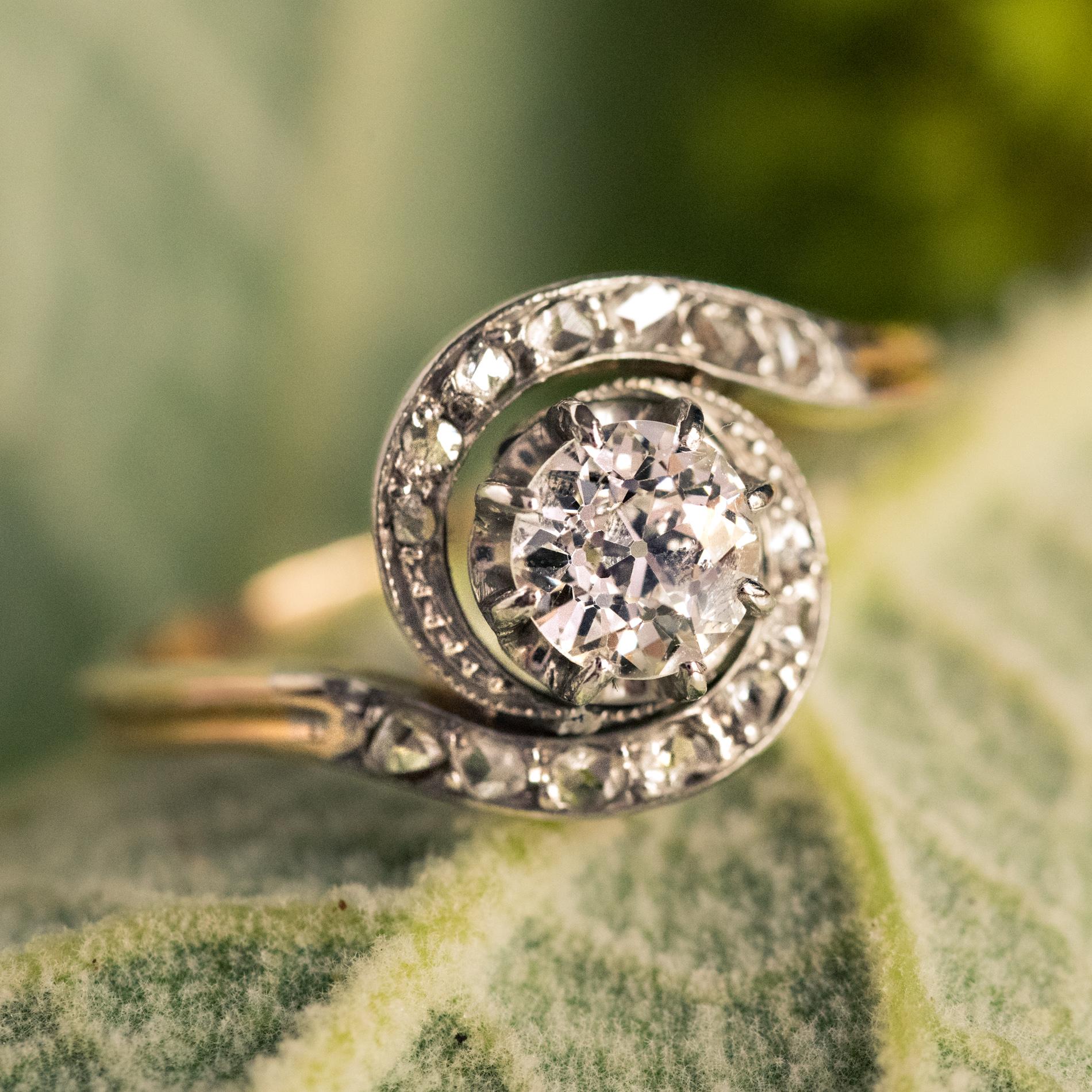Belle Époque Diamanten 18 Karat Gelbgold Platin Wirbel Ring 1