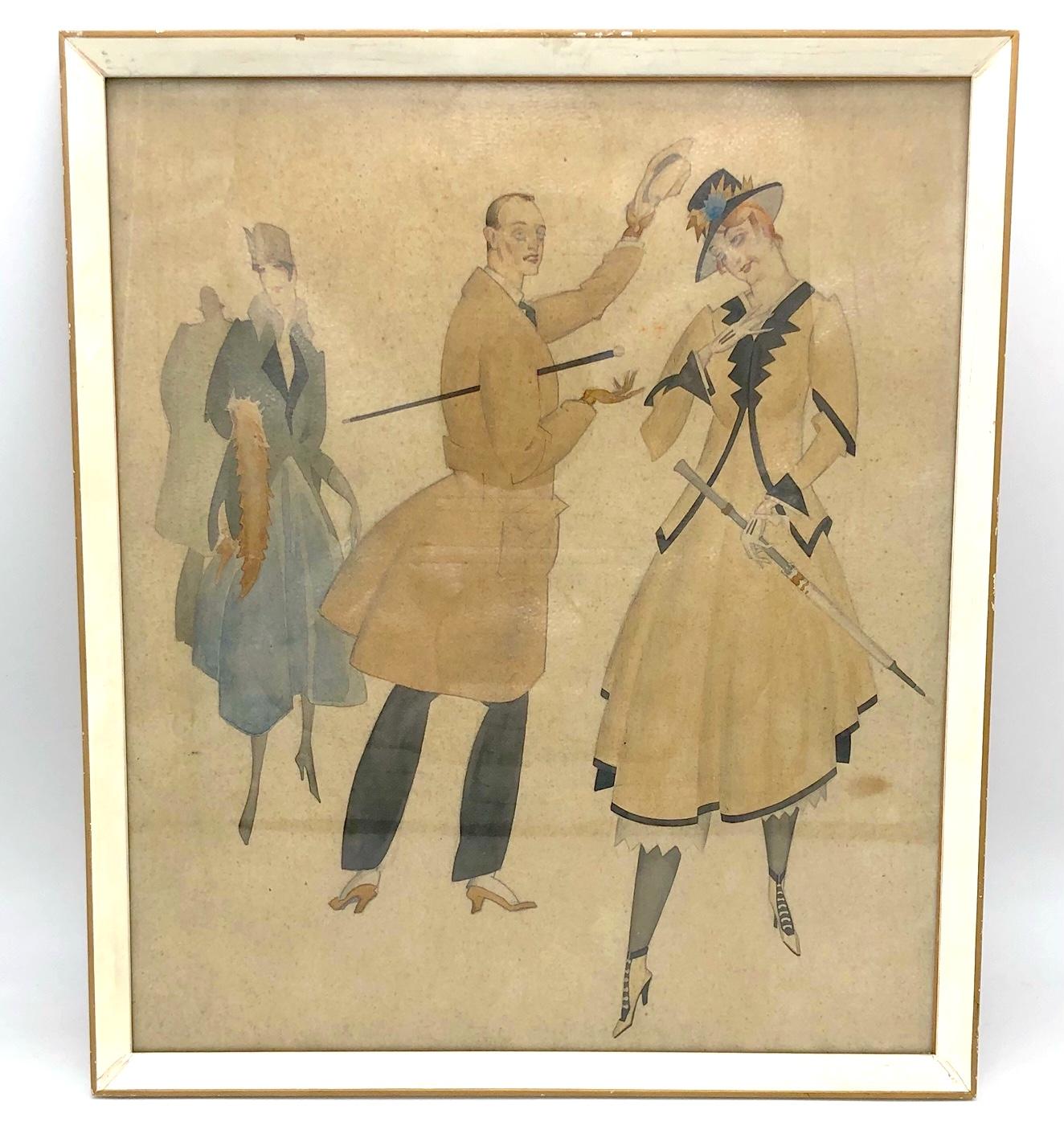 Wonderful watercolour of elegant Belle Époque day-time fashion for woman and man. 
One lady wears an elegant daytime town outfit with hat and fur, the other lady wears an elegant outfit for a summer afternoon... The gentleman seems to wear an