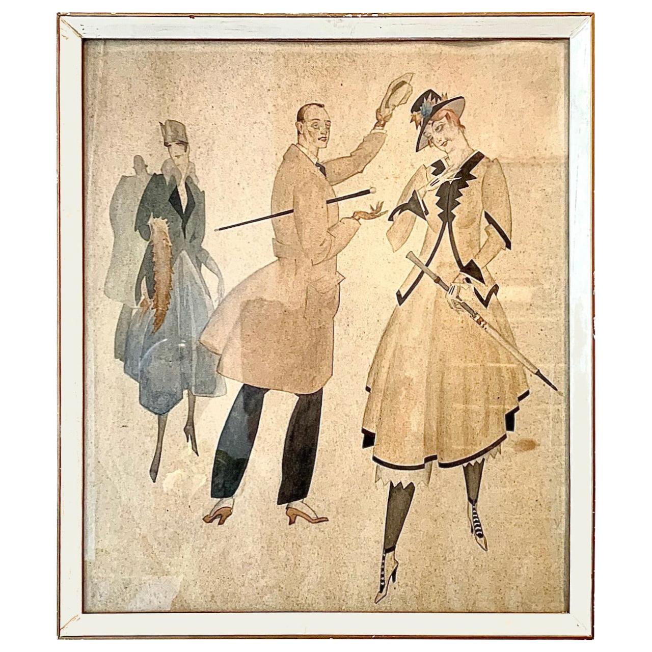 Belle Époque Pair of Elegant Daytime  Leisure Fashion Drawings Watercolour Ink For Sale