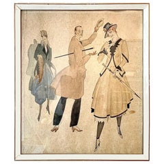 Belle Époque Pair of Elegant Daytime  Leisure Fashion Drawings Watercolour Ink