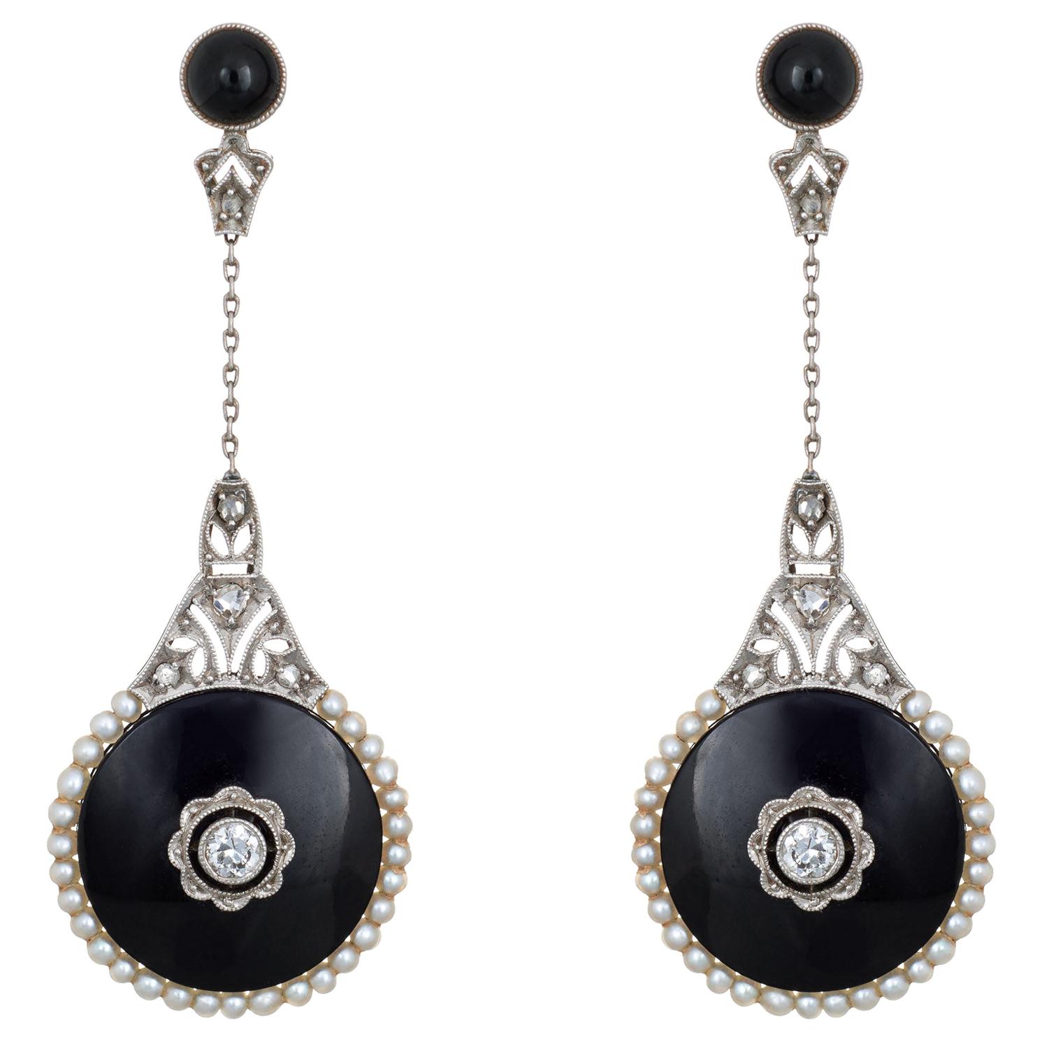 Belle Epoque Earrings Antique Diamond Onyx Pearl Drops 18k Gold Platinum French